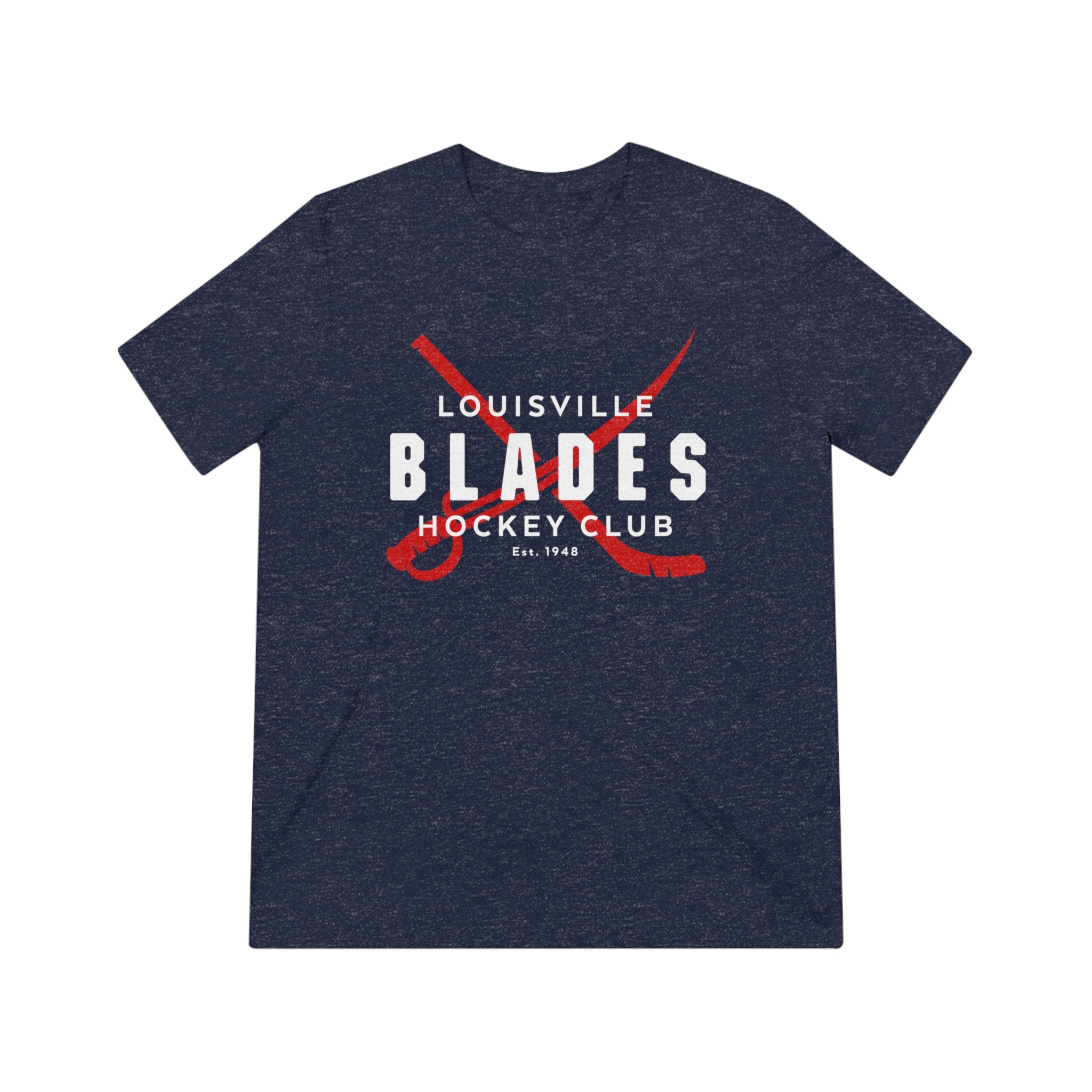 CLEARANCE Louisville Blades T-Shirt (Tri-Blend Super Light) in navy triblend with the white block wordmark over crossed red sticks on the front