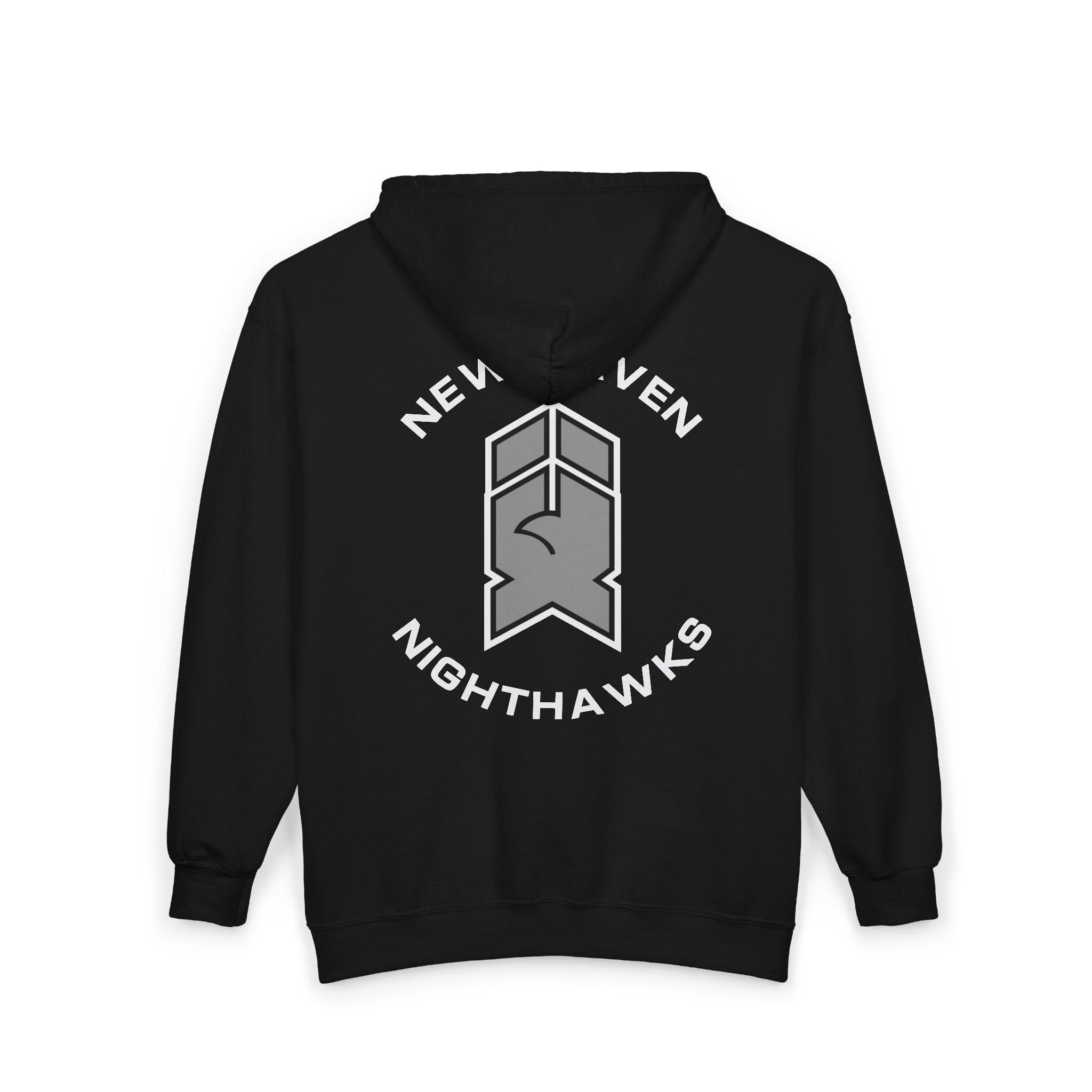 New Haven Nighthawks 1990s Hoodie (Zip) in black, back view with the grey and black hawk-head emblem with arched lettering
