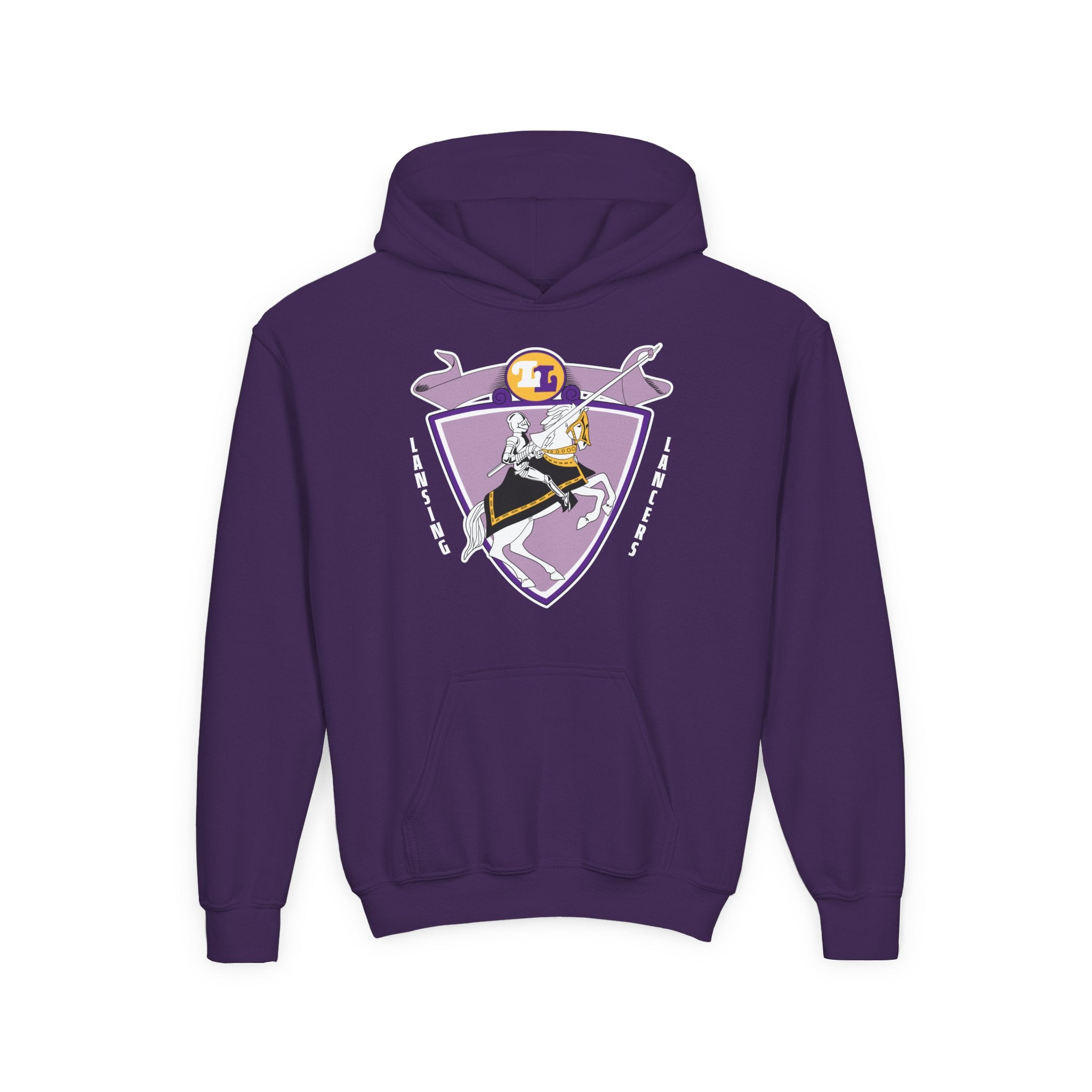 Lansing Lancers Hoodie (Youth) in purple with the jousting knight on a lilac shield crest on the front