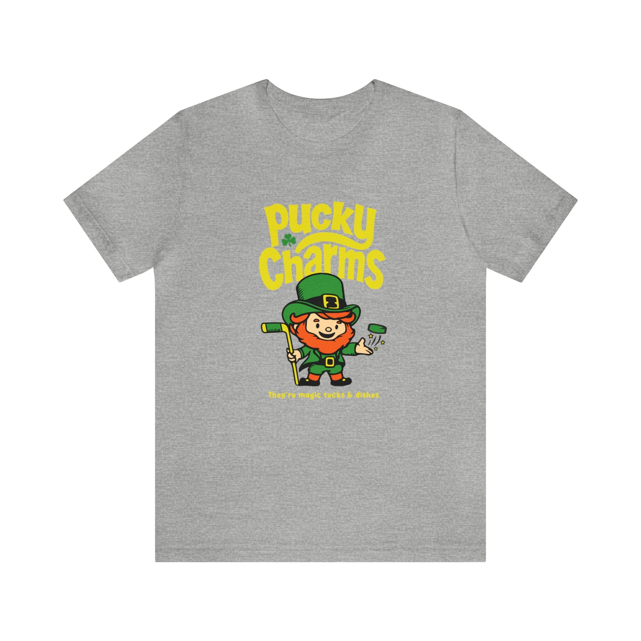 Pucky Charms T-Shirt (Premium Lightweight) in athletic heather with the cartoon leprechaun with a stick and yellow lettering on the front