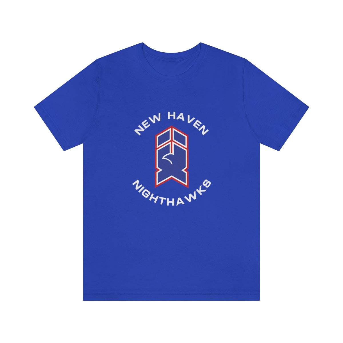 CLEARANCE New Haven Nighthawks 1980s T-Shirt (Premium Lightweight) in true royal with the red and white hawk emblem in a lettering ring on the front