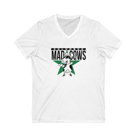 CLEARANCE Columbus Mad Cows Women's V-Neck T-Shirt in white with the cow skater on a green star with black lettering on the front