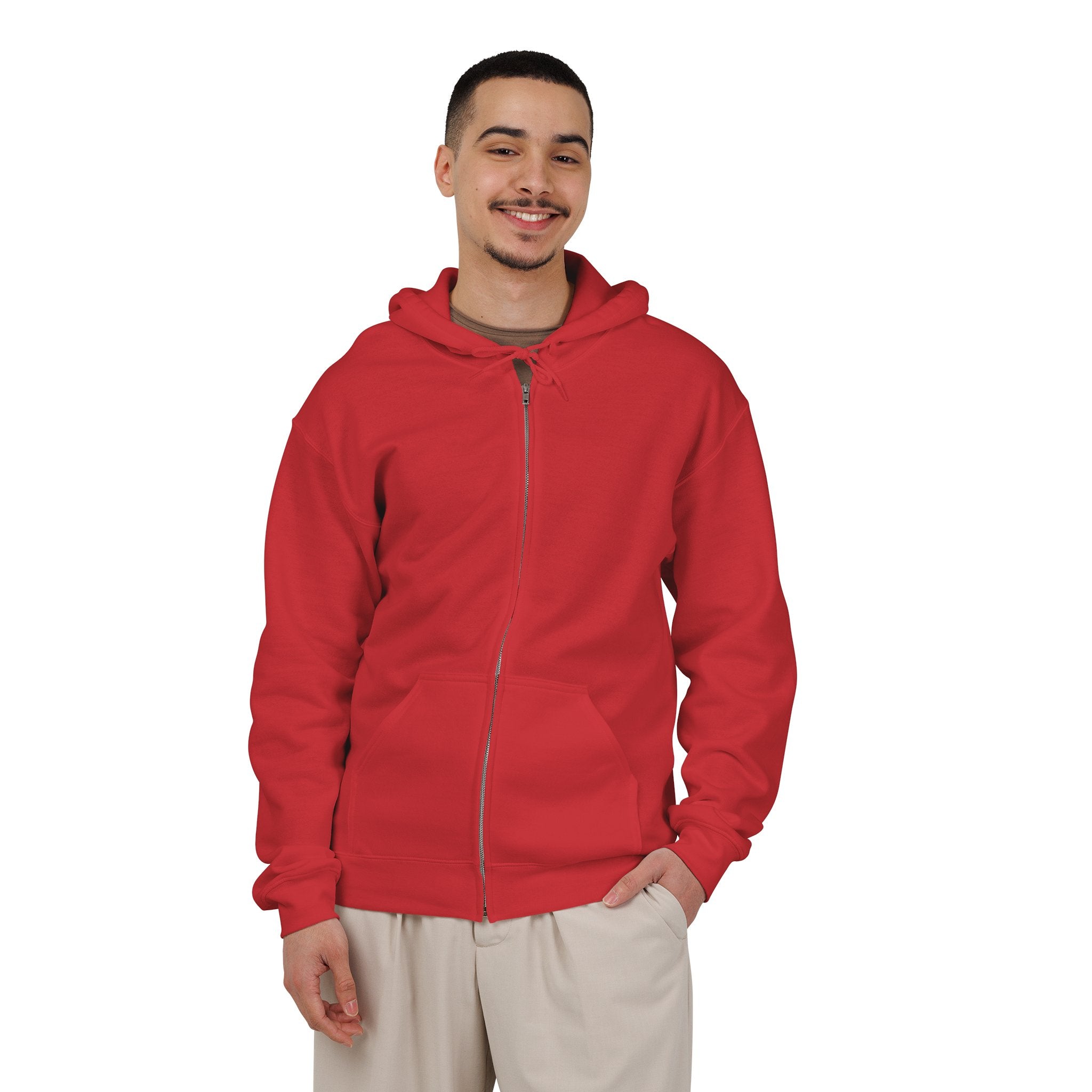 Jersey Brewers Hoodie (Zip) in red, worn by model, front, plain (design is on the back)