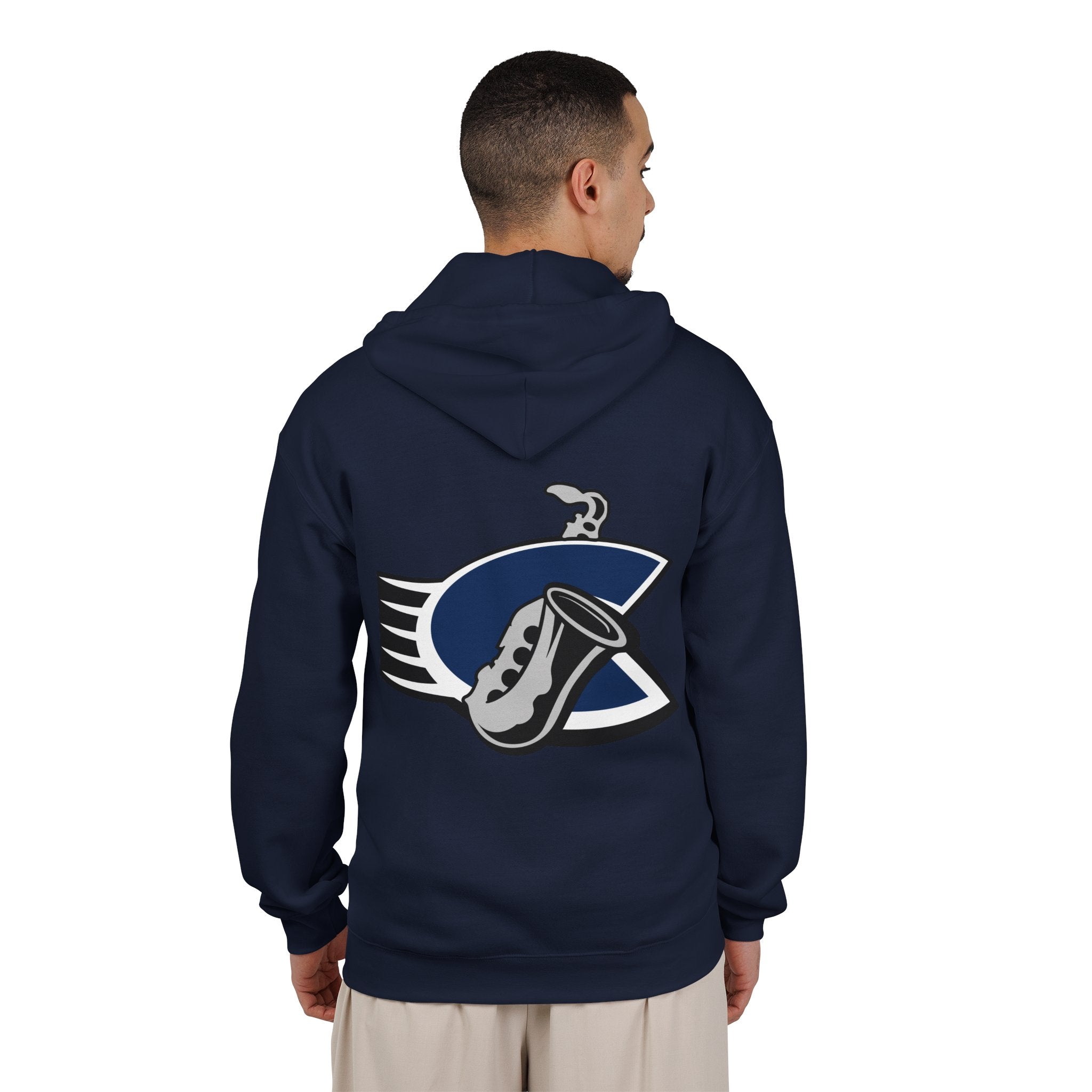 Chicago Bluesmen Hoodie (Zip) in navy, worn by model, back with the saxophone over a navy and black C logo