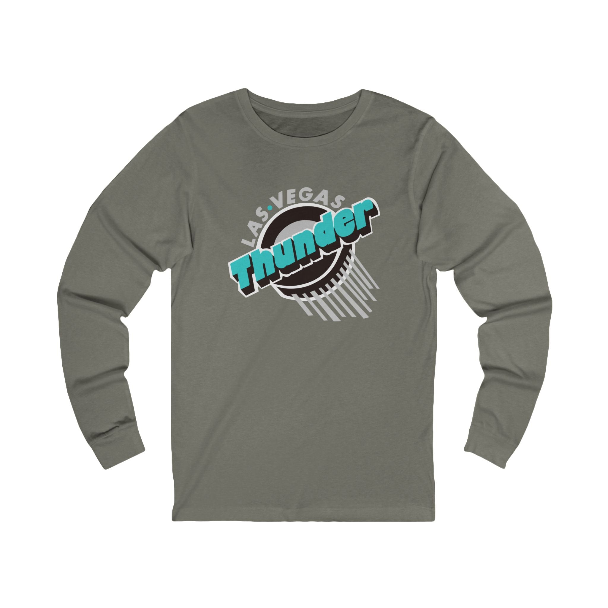 Las Vegas Thunder Puck Long Sleeve Shirt with the puck logo and teal Thunder script on the front, view 3