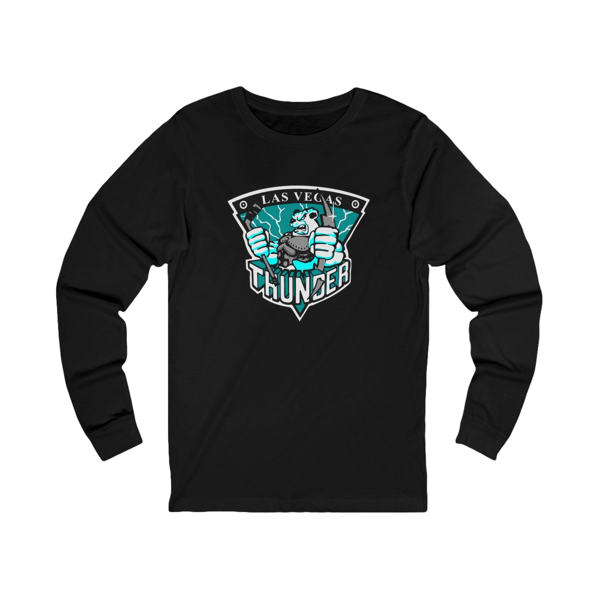 Las Vegas Thunder Boom Boom the Bear Long Sleeve Shirt with the armored polar bear in a teal lightning shield on the front
