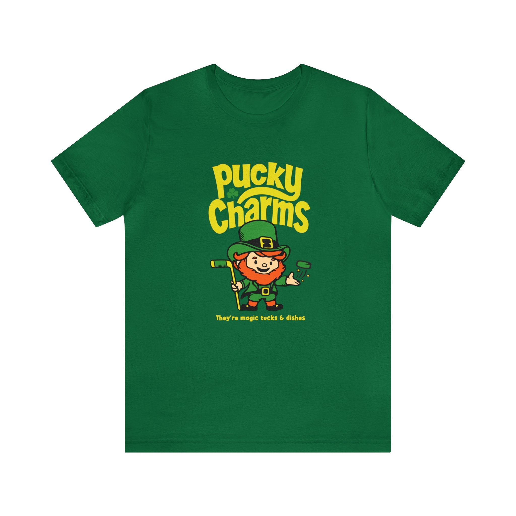 Pucky Charms T-Shirt (Premium Lightweight) in kelly with the cartoon leprechaun with a stick and yellow lettering on the front