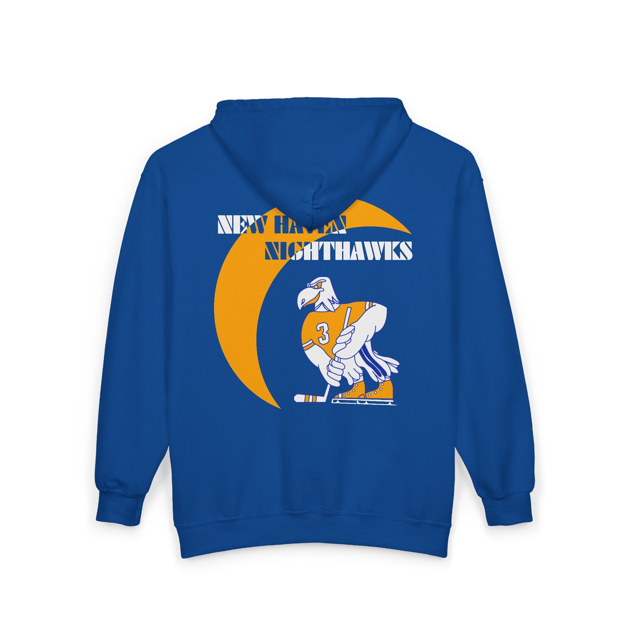 New Haven Nighthawks 1970s Hoodie (Zip) in royal, back view with the cartoon hawk skater with a gold crescent moon