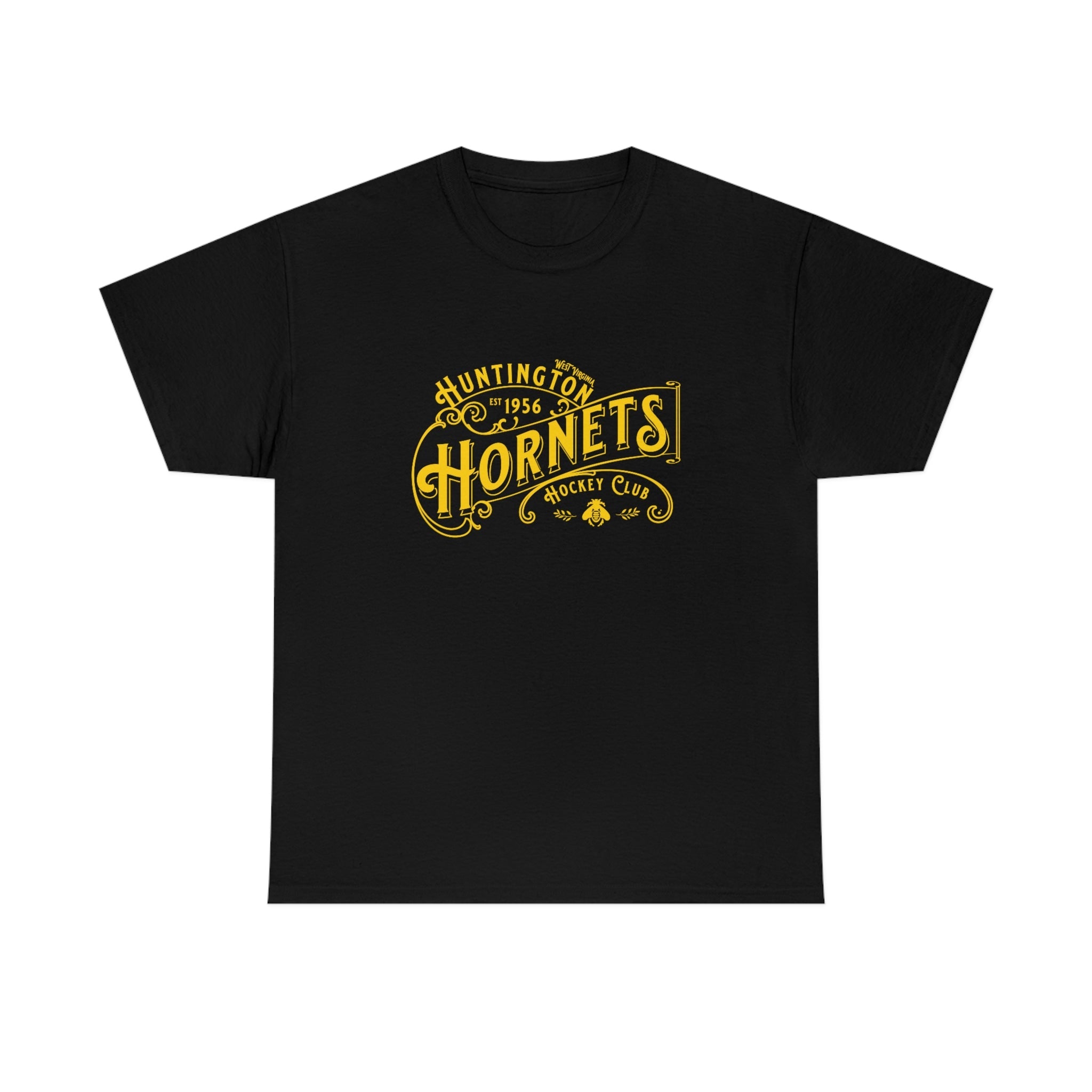 CLEARANCE Huntington Hornets T-Shirt in black with the ornate gold arched wordmark with small lettering on the front