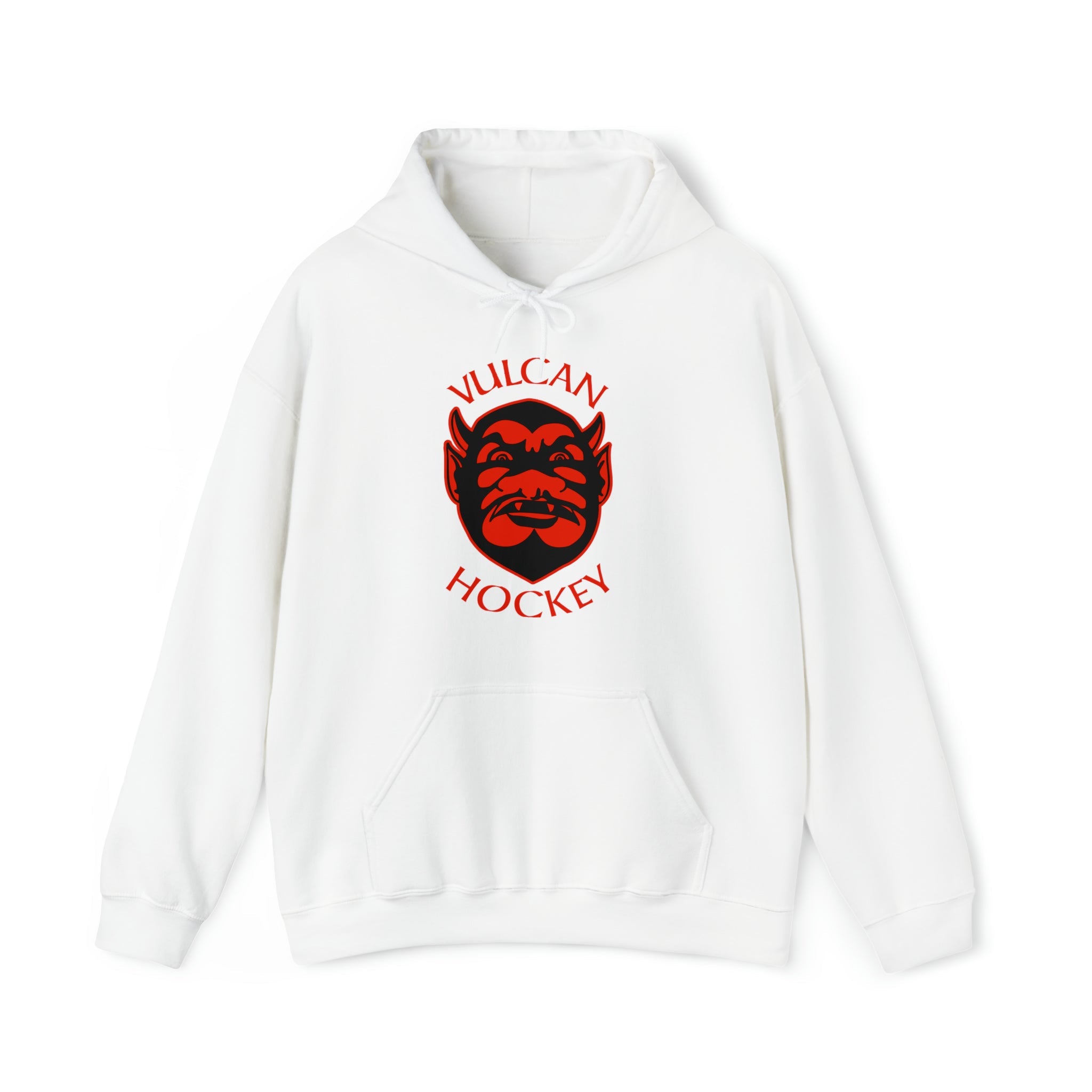 CLEARANCE Saint Paul Vulcans Hoodie in white with the red devil face with arched red lettering on the front