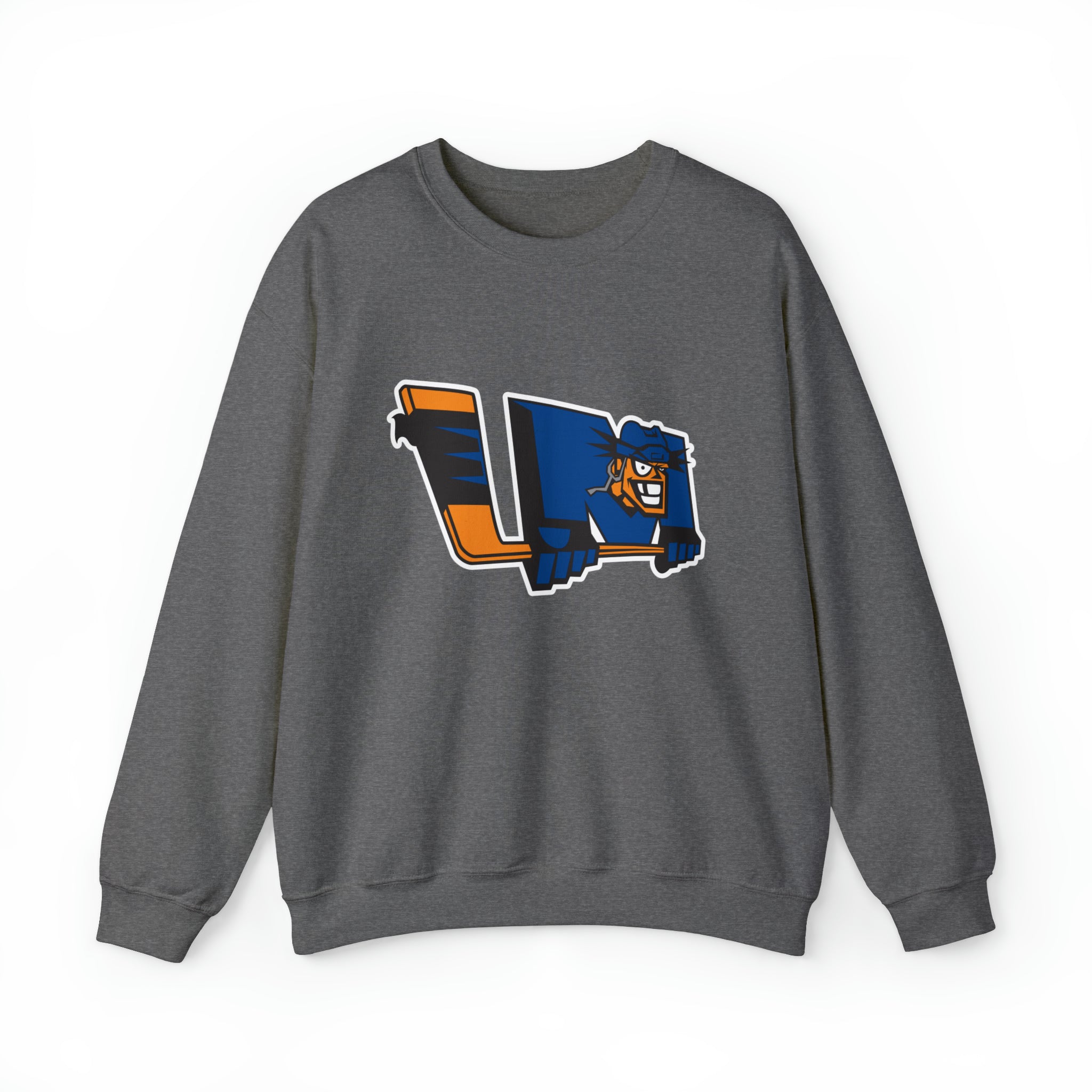 CLEARANCE Lewiston MAINEiacs Crewneck Sweatshirt in graphite heather with the orange and blue L logo with a mascot face on the front