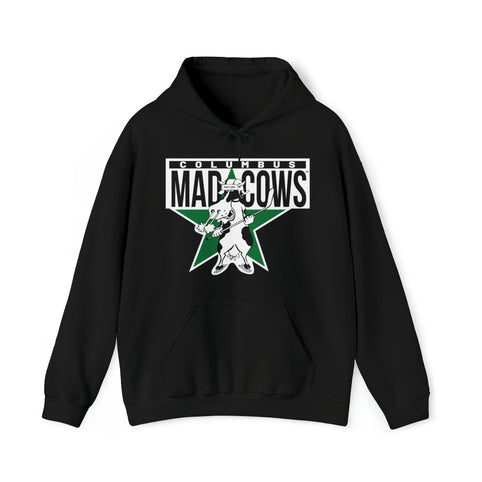 Columbus Mad Cows Hoodie in black with the cartoon cow skater on a green star on the front