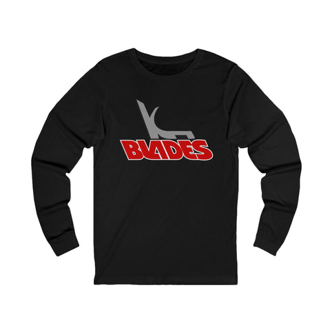 Kansas City Blades Long Sleeve Shirt with the grey skate outline over red block lettering on the front, view 3