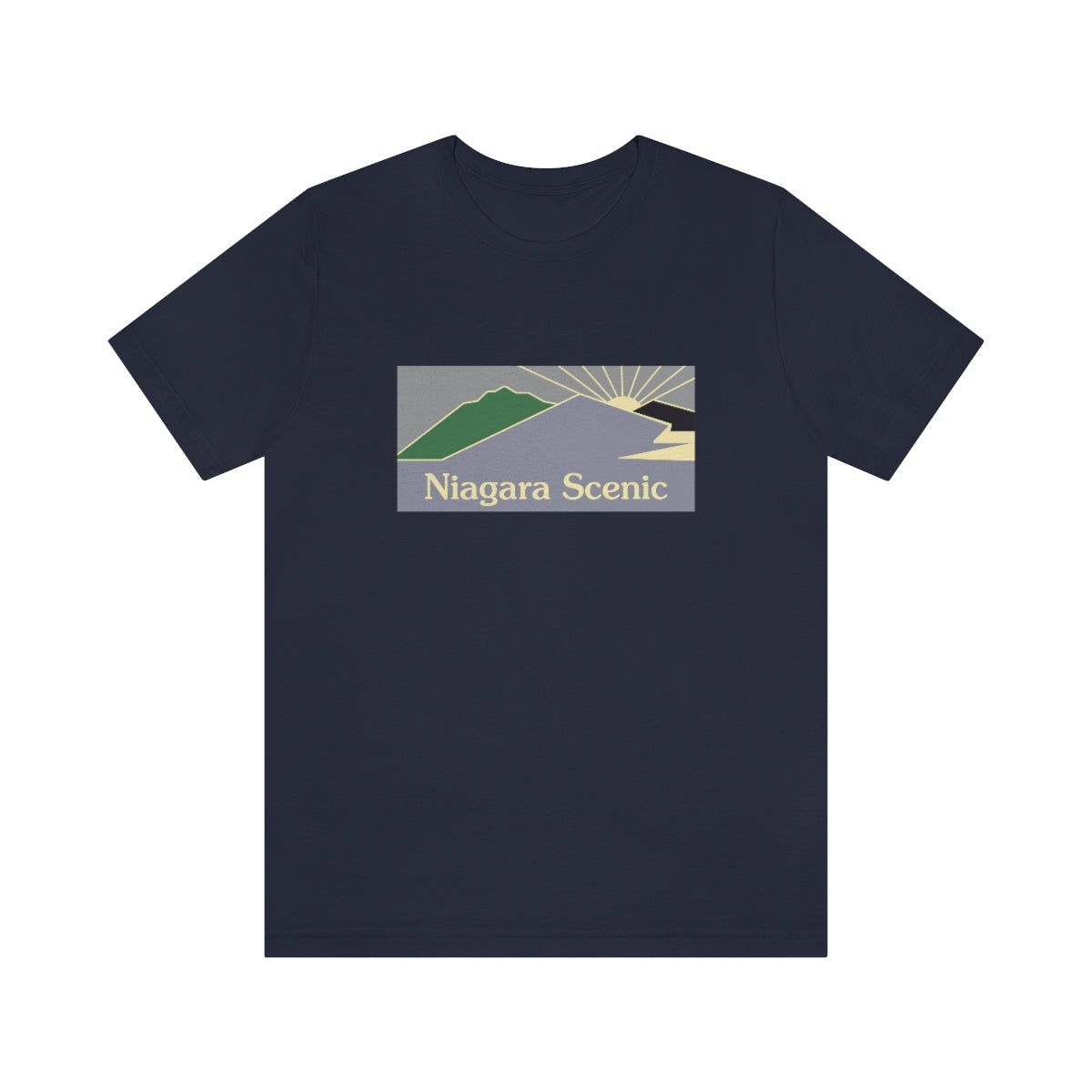 CLEARANCE Niagara Scenics T-Shirt (Premium Lightweight) in navy with the green mountain and sunrise landscape panel on the front