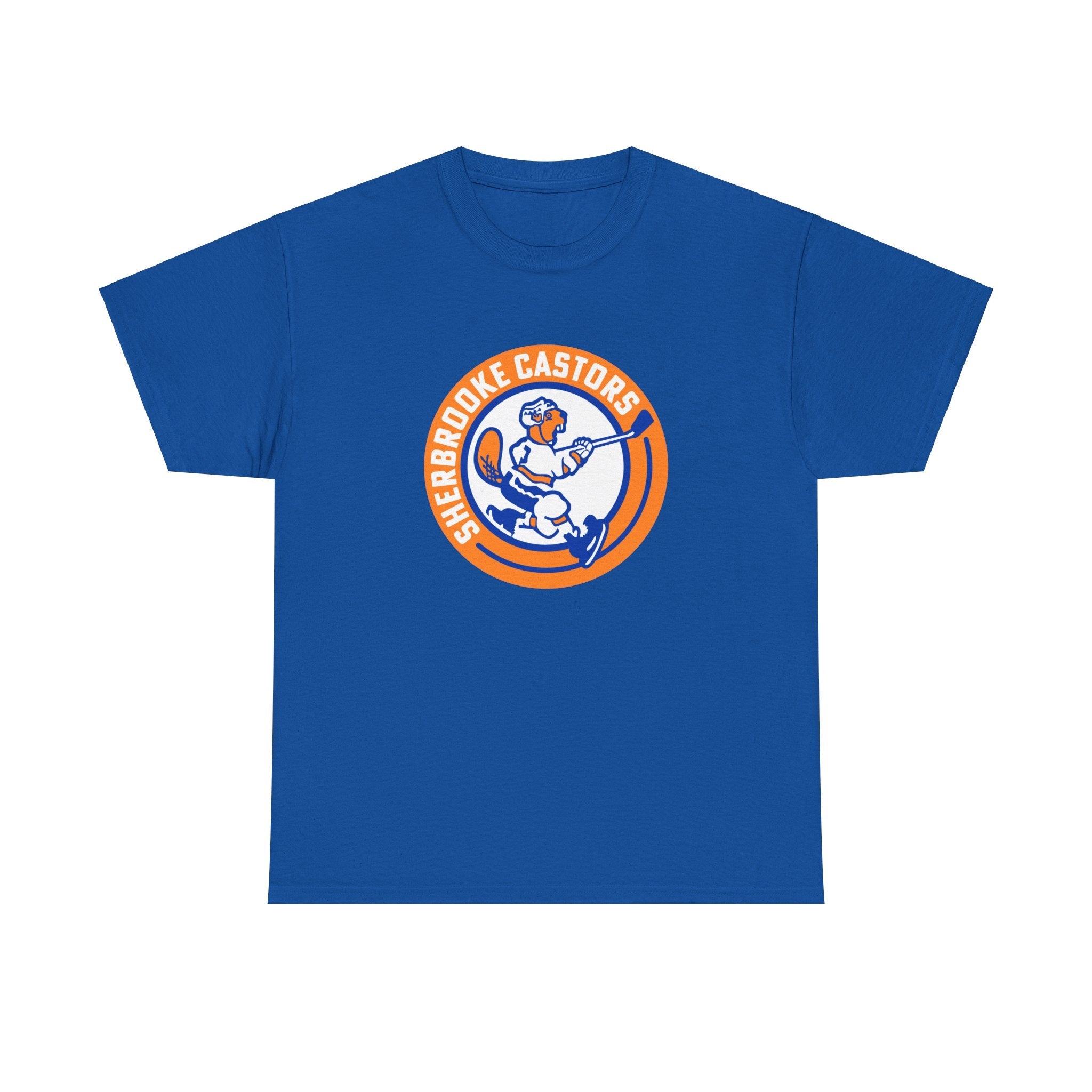 CLEARANCE Sherbrooke Castors Late 1970s Style T-Shirt in royal with the round orange logo of a beaver skater on the front