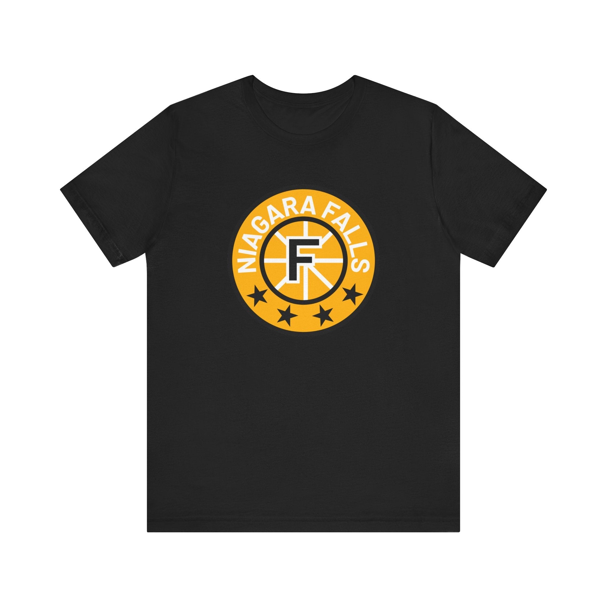 CLEARANCE Niagara Falls Flyers T-Shirt (Premium Lightweight) in black with the round gold badge with a black F and stars on the front