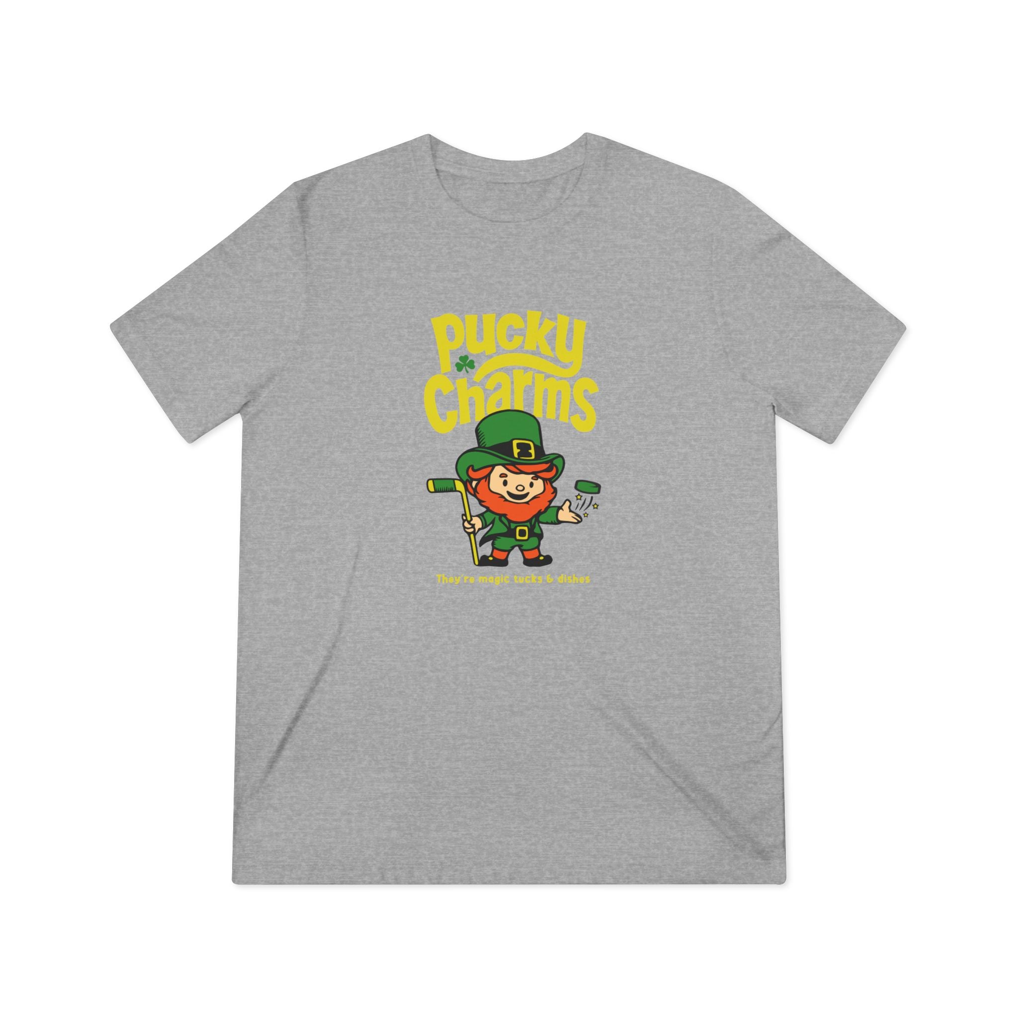 Pucky Charms T-Shirt (Tri-Blend Super Light) with the leprechaun with a stick under green lettering on the front