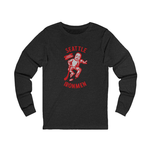 Seattle Ironmen Long Sleeve Shirt with the red retro robot skater with arched lettering on the front, view 5