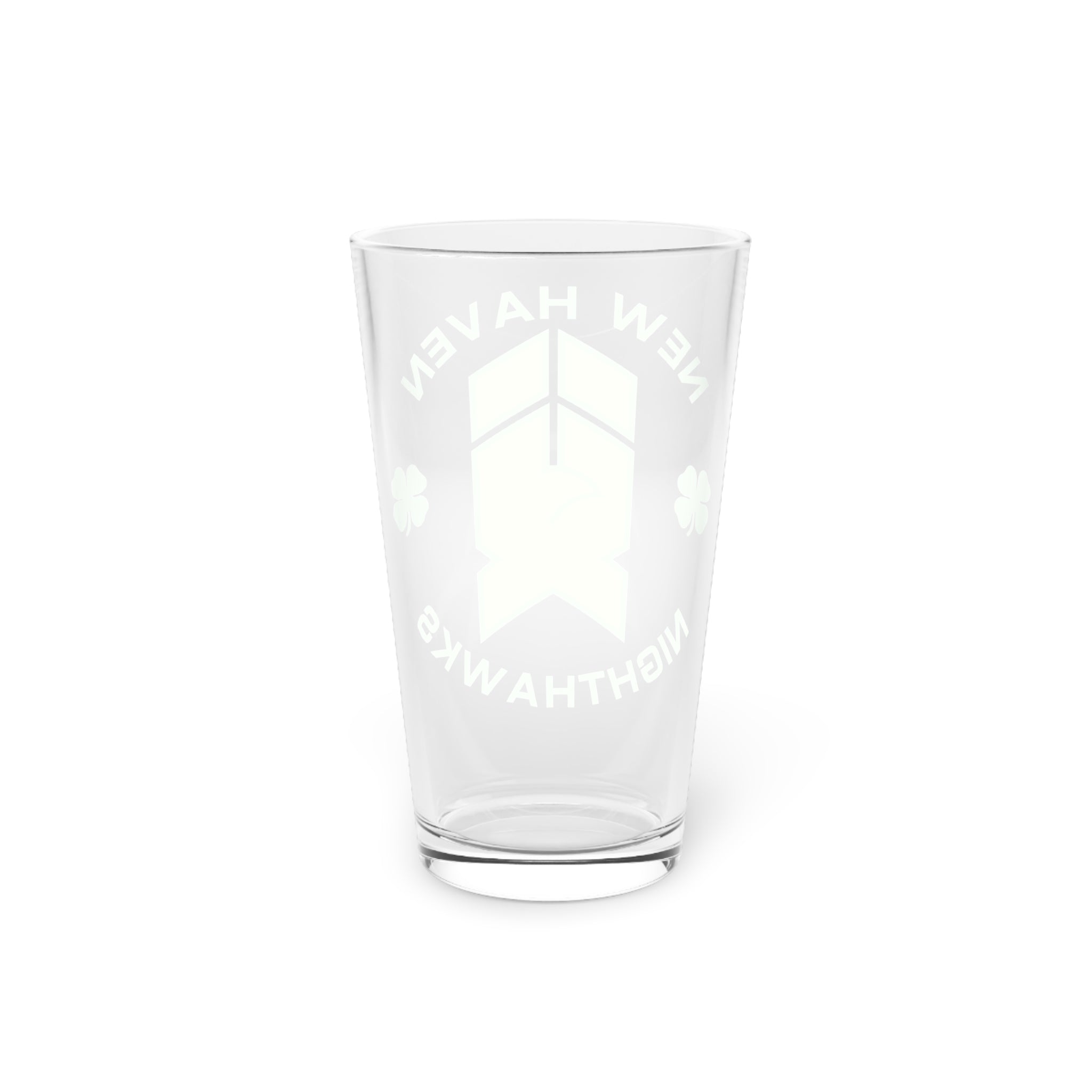 New Haven Nighthawks Irish Pint Glass with the orange hawk logo with green shamrocks, back view