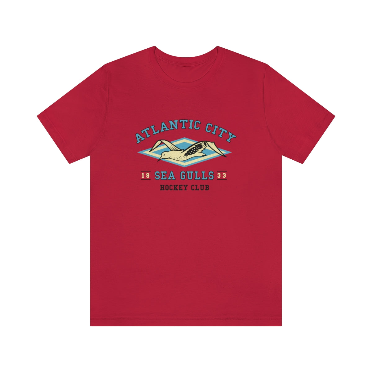 CLEARANCE Atlantic City Sea Gulls T-Shirt (Premium Lightweight) in red with the diamond logo with a sea gull and arched text on the front