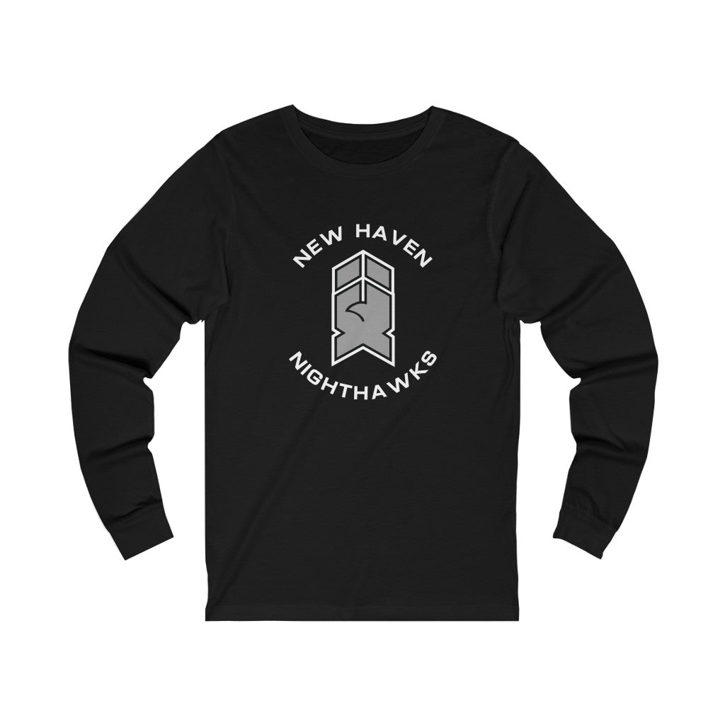 New Haven Nighthawks 1990s Long Sleeve Shirt with the grey and black hawk-head emblem with arched lettering on the front