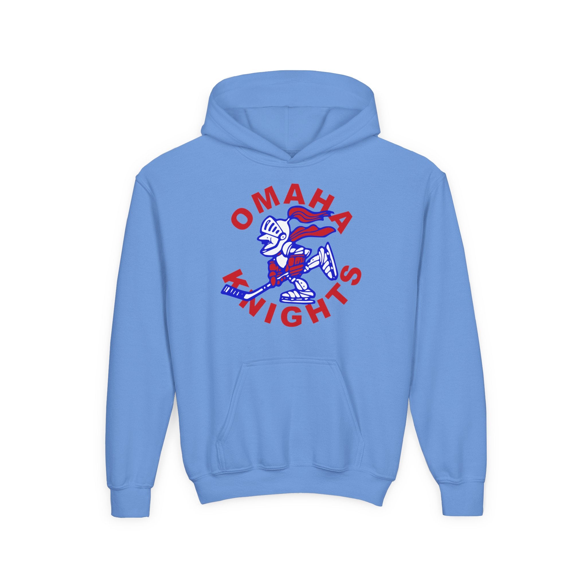 Omaha Knights 1960s Hoodie (Youth) in carolina blue with the red arched name around a skating knight mascot on the front