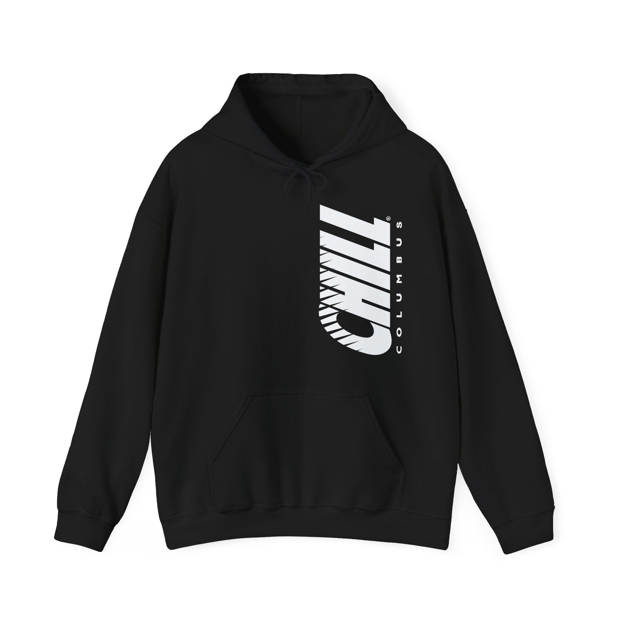 CLEARANCE Columbus Chill Hoodie in black with the vertical white italic wordmark on the front