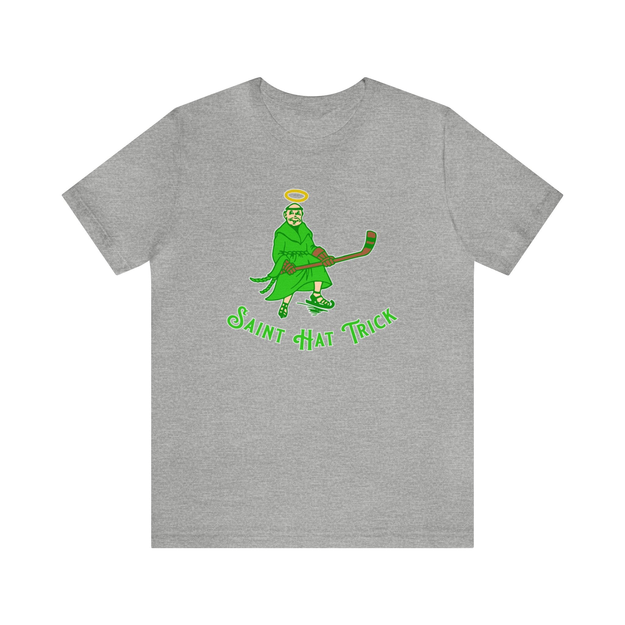 Saint Hat Trick T-Shirt (Premium Lightweight) in athletic heather with the haloed monk skater in green with script on the front