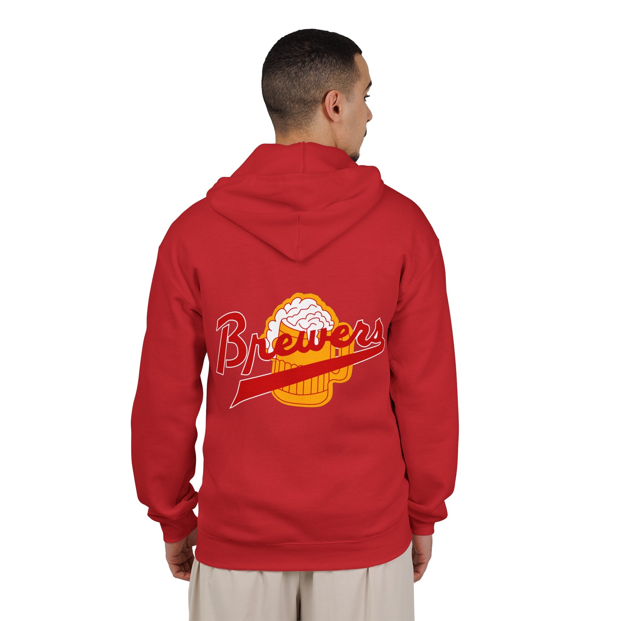 Jersey Brewers Hoodie (Zip) in red, worn by model, back with the red script over a foamy beer mug