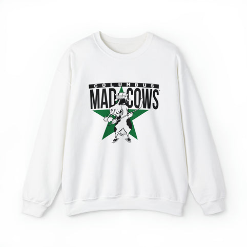 Columbus Mad Cows Crewneck Sweatshirt in white with the cartoon cow skater on a green star on the front