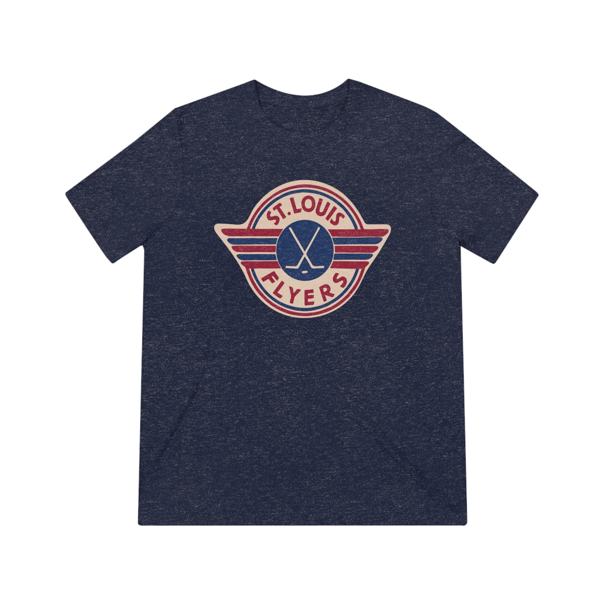 CLEARANCE St. Louis Flyers T-Shirt (Tri-Blend Super Light) in navy triblend with the winged roundel with crossed sticks in red on the front