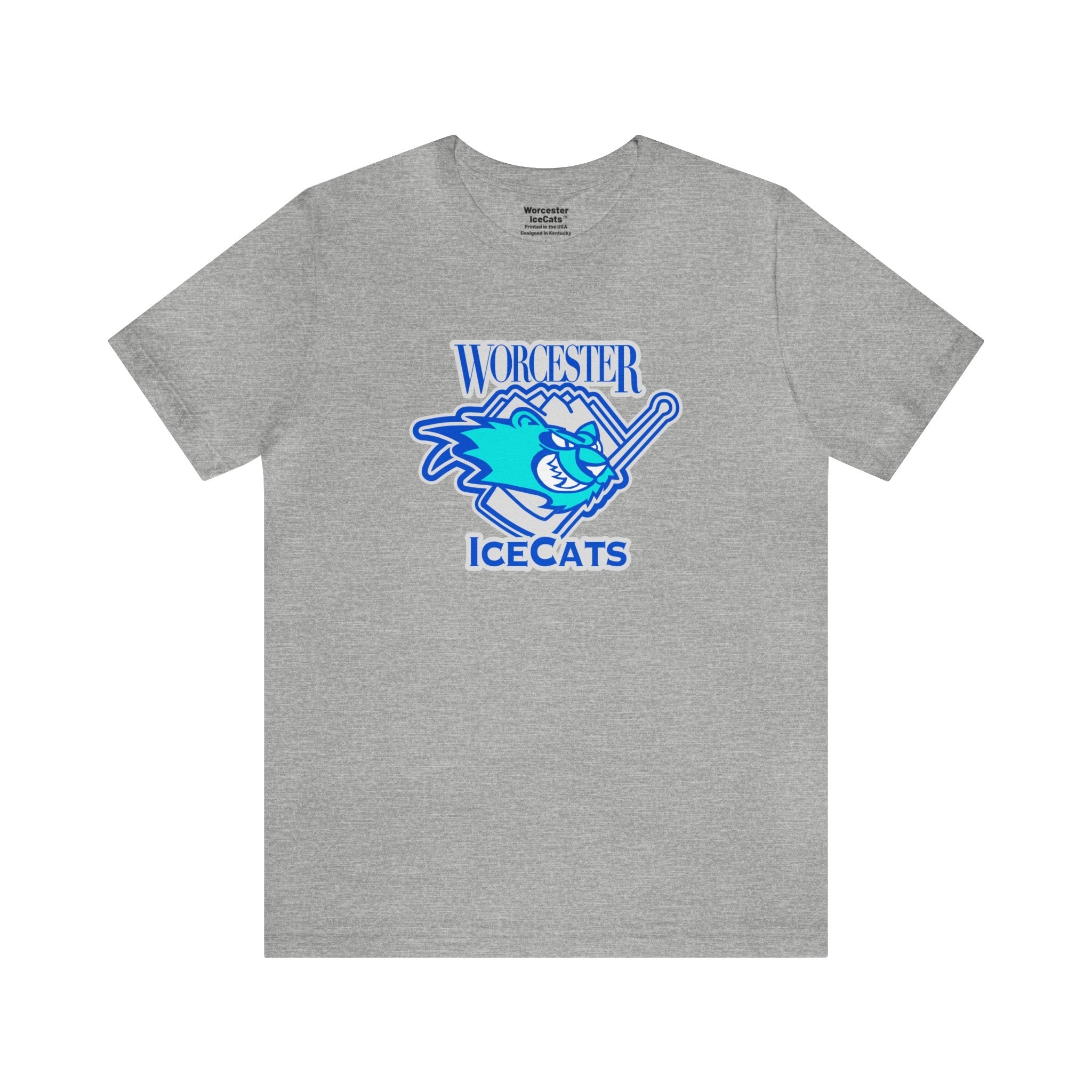 CLEARANCE Worcester IceCats T-Shirt (Premium Lightweight) in heather grey with the blue cat with a stick and script lettering on the front