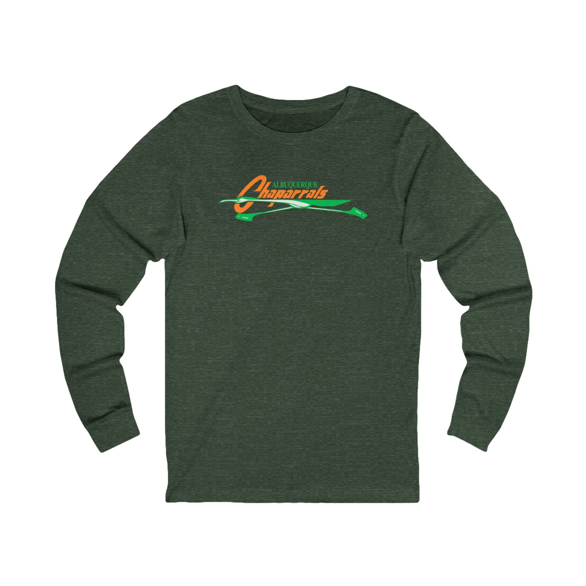 Albuquerque Chaparrals Long Sleeve Shirt in heather forest with the orange script over a green roadrunner swoosh on the front