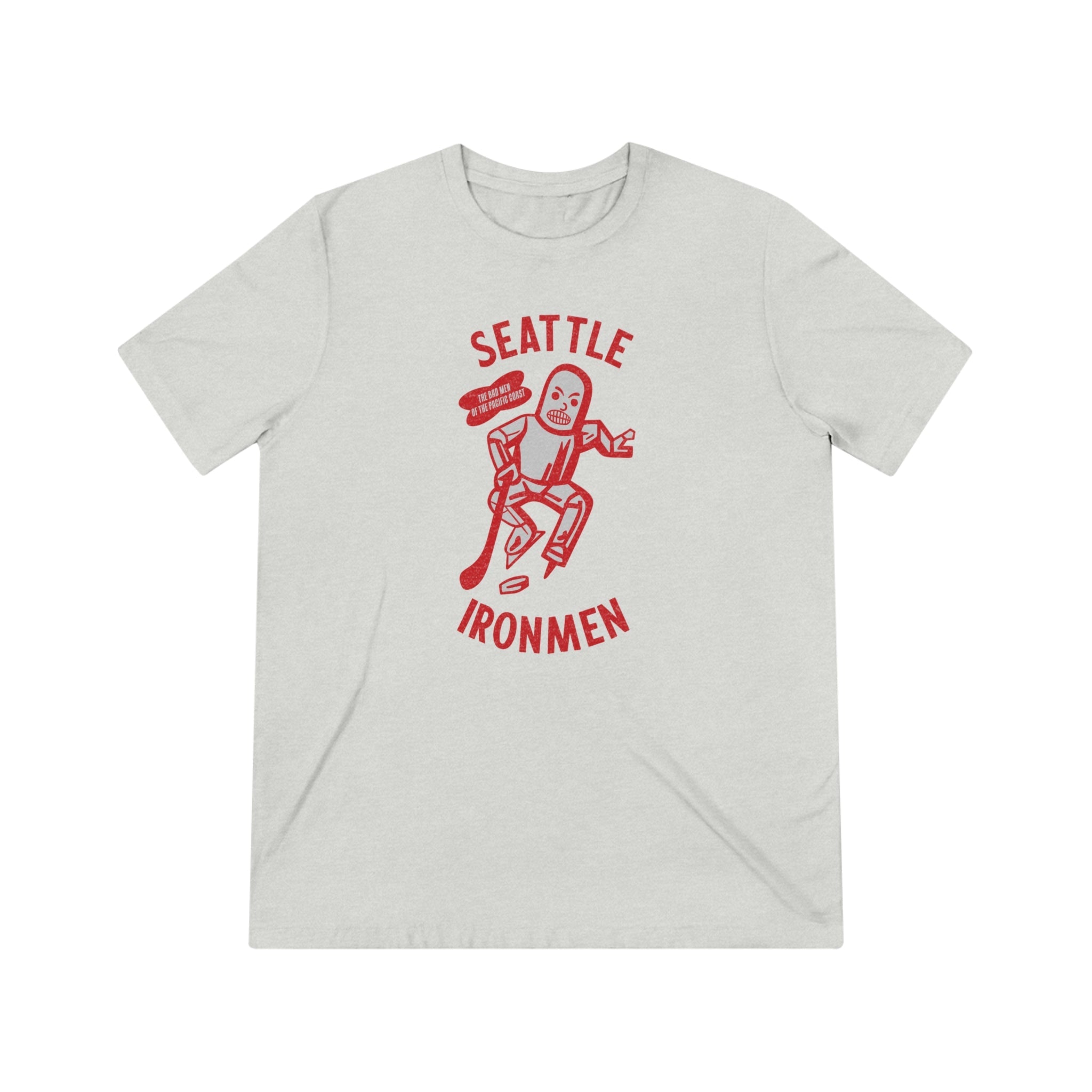 CLEARANCE Seattle Ironmen T-Shirt (Tri-Blend Super Light) in white fleck triblend with the red robot skater with arched red lettering on the front