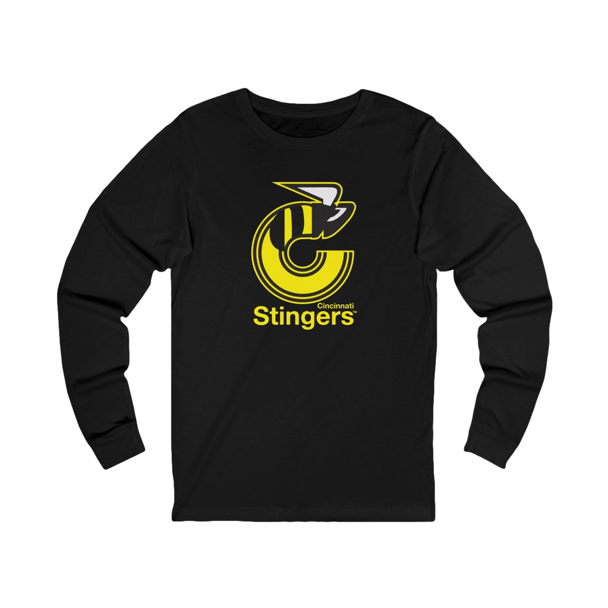 CLEARANCE Cincinnati Stingers Long Sleeve Shirt in black with the yellow bee C logo over yellow script on the front