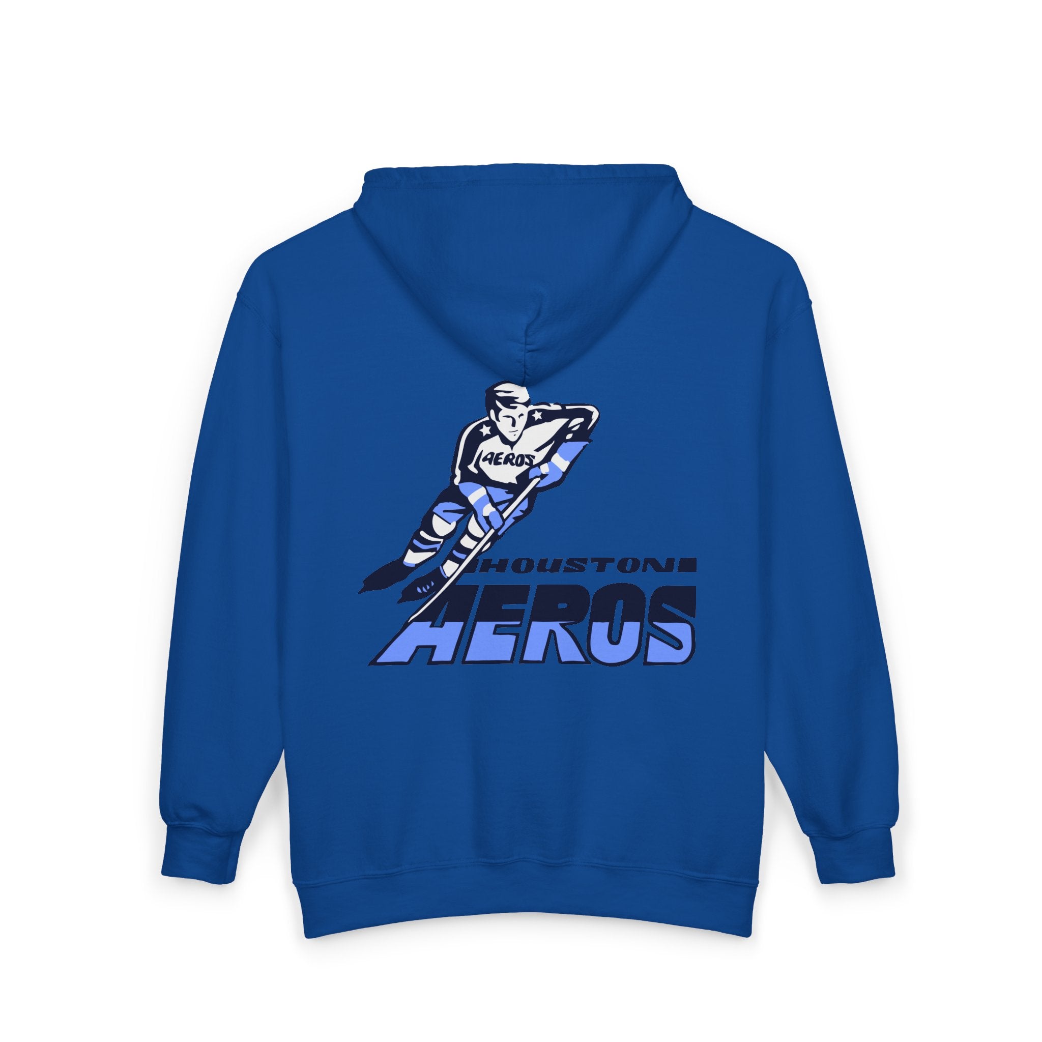 Houston Aeros 1970s Hoodie (Zip) in royal, back view with the skating player over blue slanted lettering