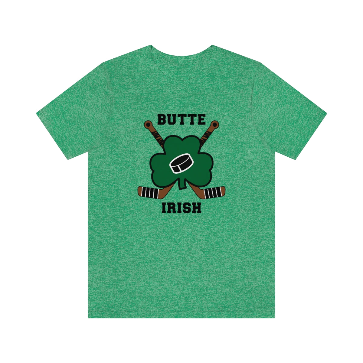 CLEARANCE Butte Irish T-Shirt (Premium Lightweight) in heather kelly with the green shamrock and puck over crossed sticks on the front