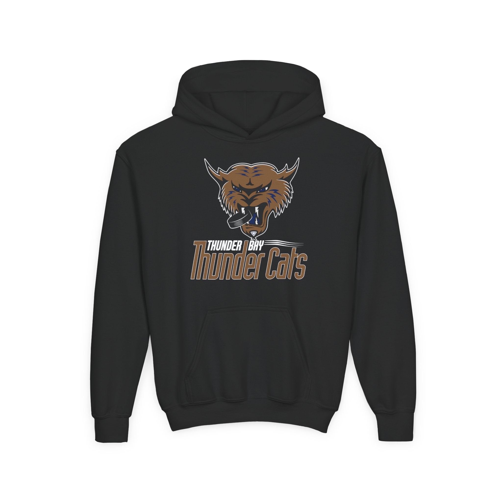 Thunder Bay Thunder Cats Hoodie (Youth) in black with the snarling brown wildcat biting a puck on the front