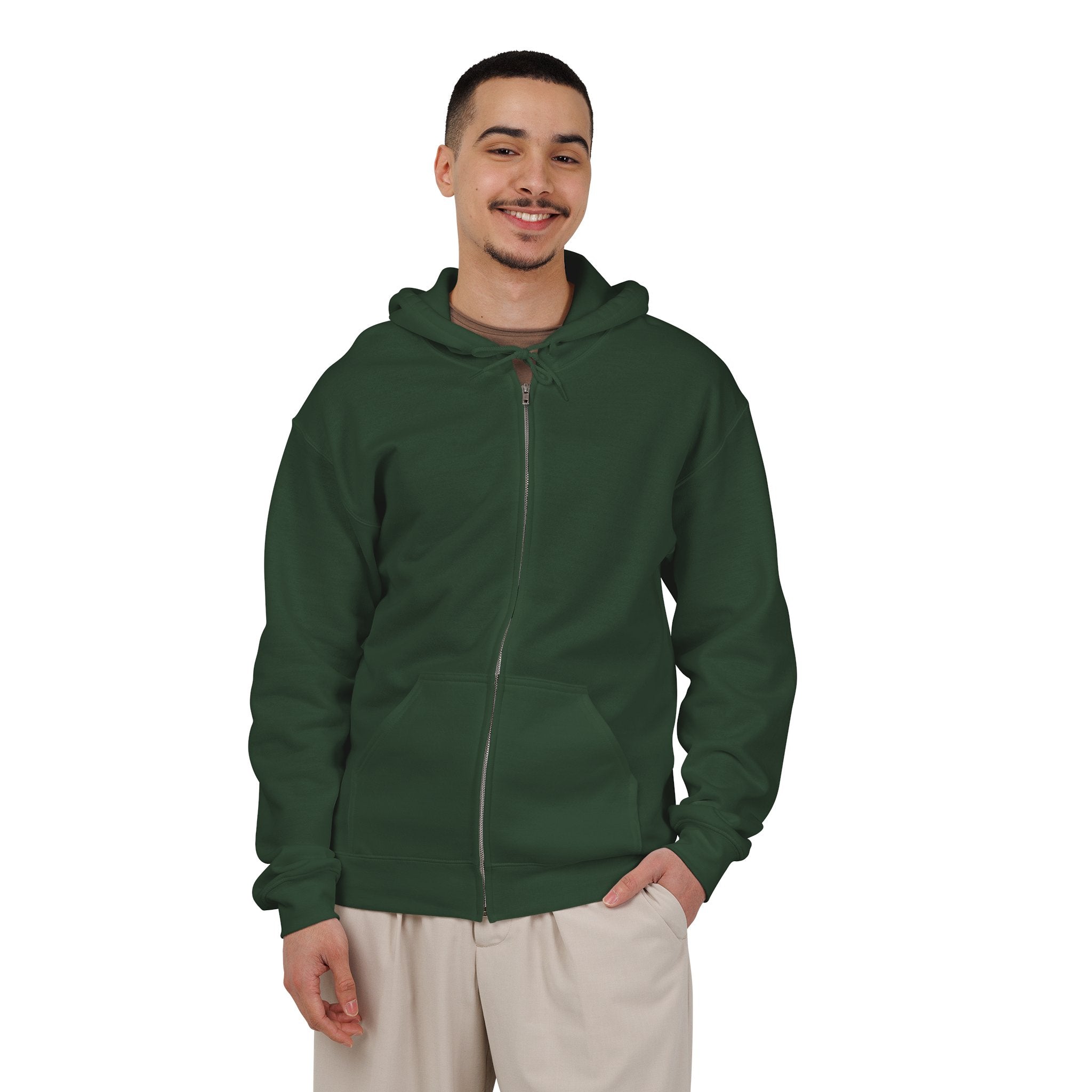 Philadelphia Firebirds Hoodie (Zip) in forest green, worn by model, front, plain (design is on the back)