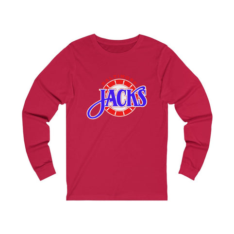 Baltimore Skipjacks Red & Blue Long Sleeve Shirt with the blue Jacks script over a red ship's wheel on the front, view 3