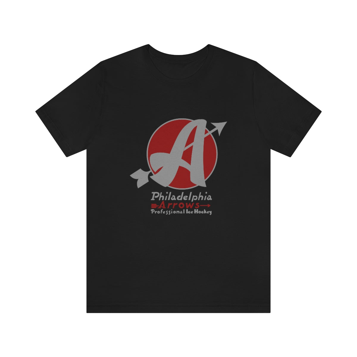 CLEARANCE Philadelphia Arrows T-Shirt (Premium Lightweight) in black with the red circle with a grey arrow-pierced A on the front
