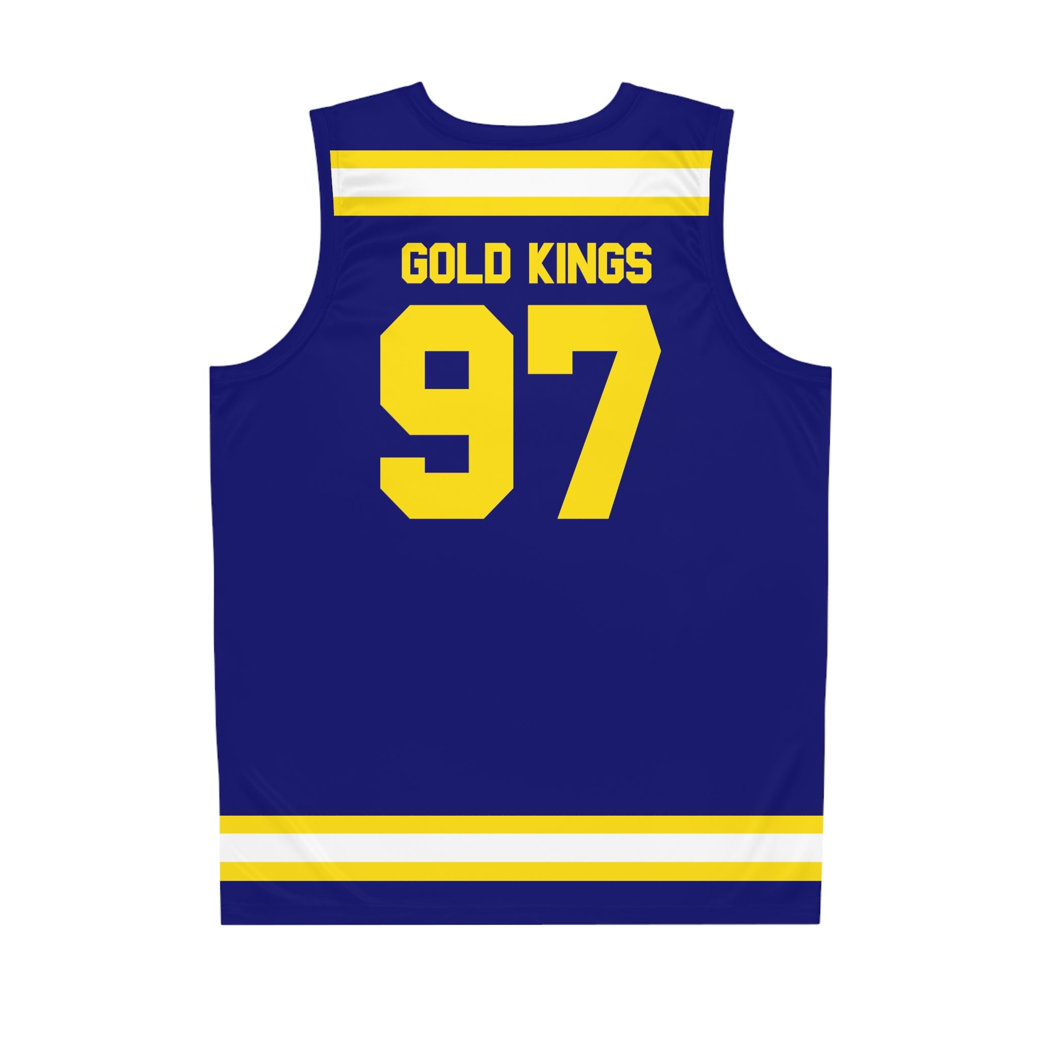 Alaska Gold Kings Tank Top in seam thread color automatically matched to design, back view with the red and gold horizontal stripe band