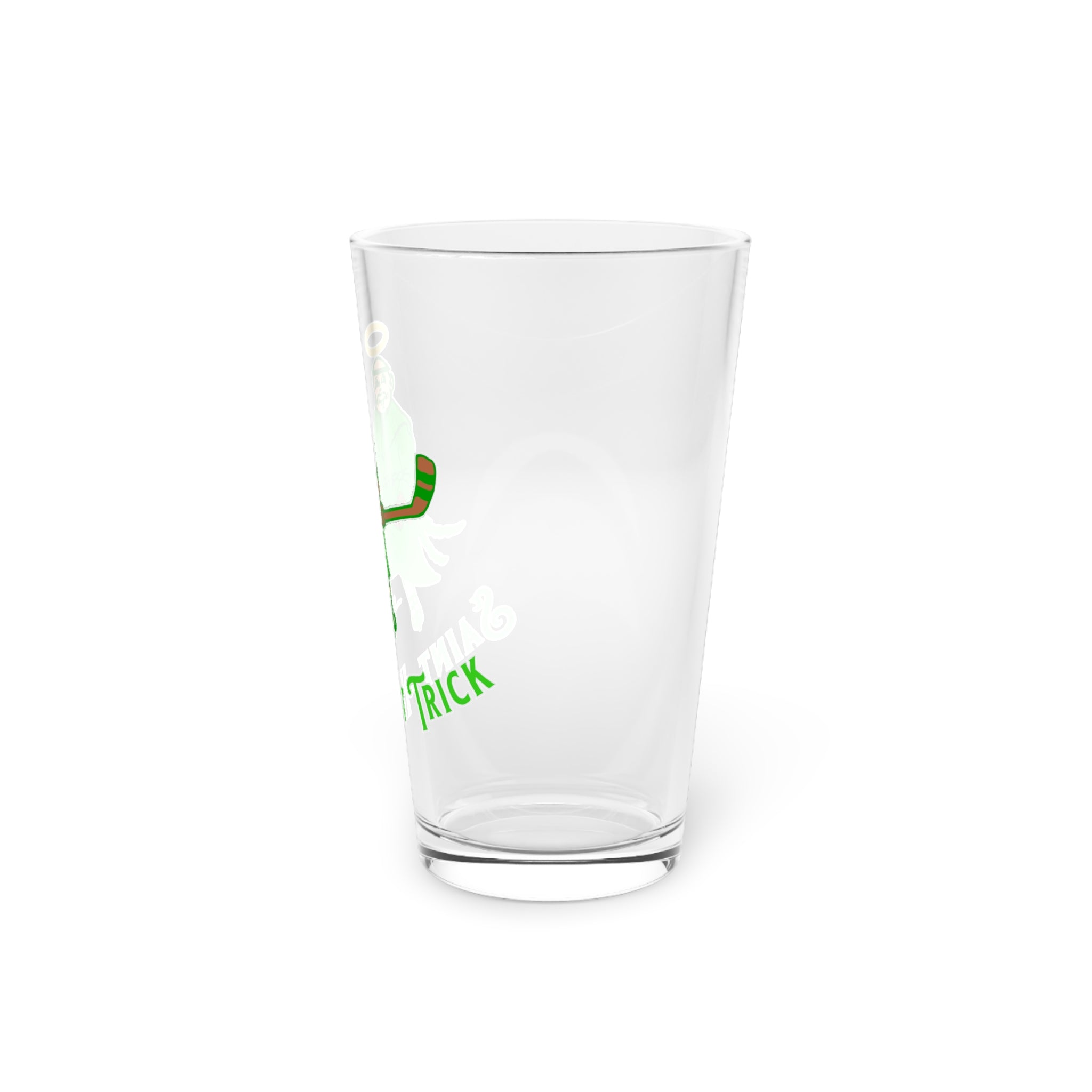 Saint Hat Trick Pint Glass, 16oz with the haloed monk skater in green with script, right side view