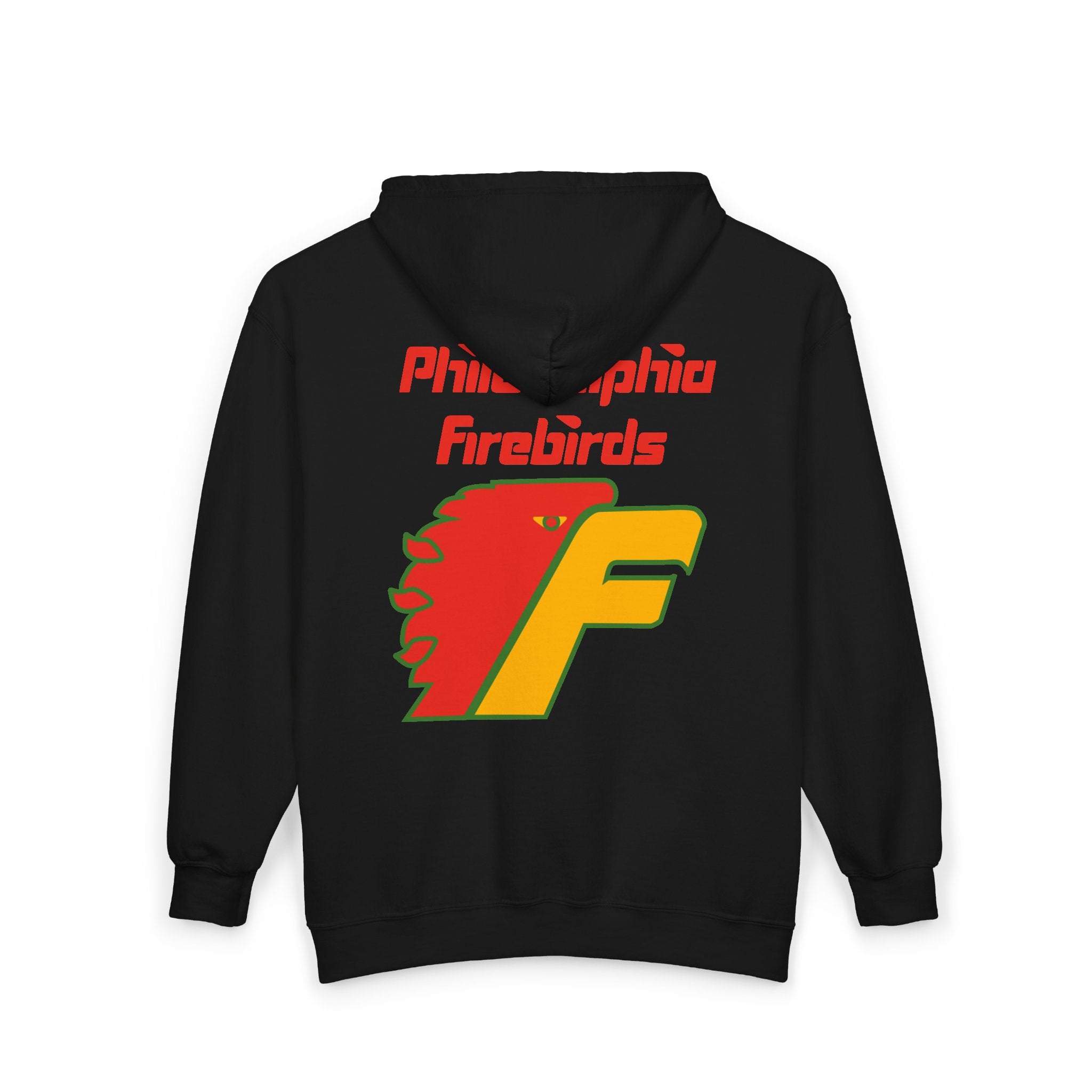 Philadelphia Firebirds Hoodie (Zip) in black, back view with the red and yellow firebird F logo with red script
