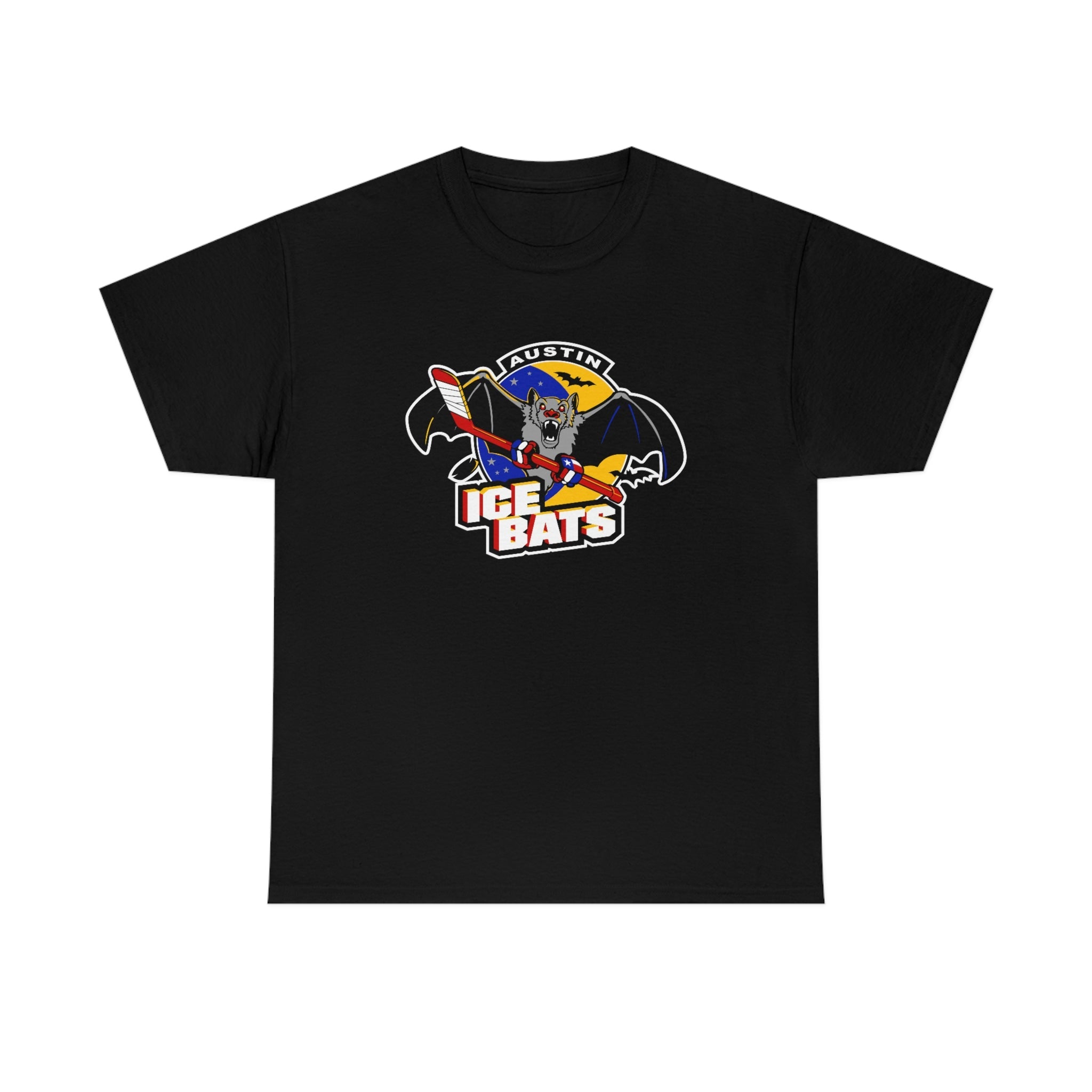 CLEARANCE Austin Ice Bats T-Shirt in black with the bat mascot with a stick in a shield on the front