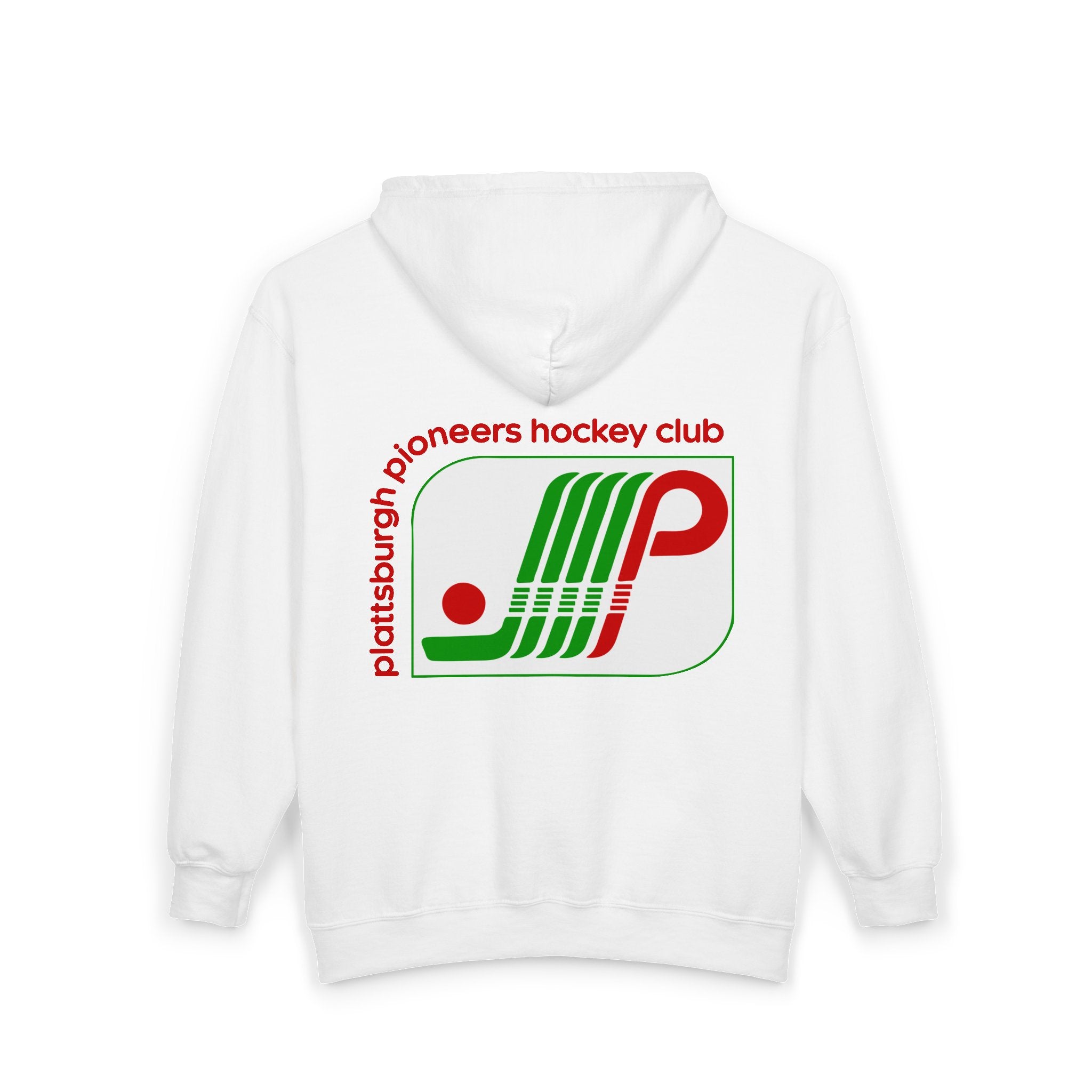 Plattsburgh Pioneers Hoodie (Zip) in white, back view with the green and red striped P logo with a puck
