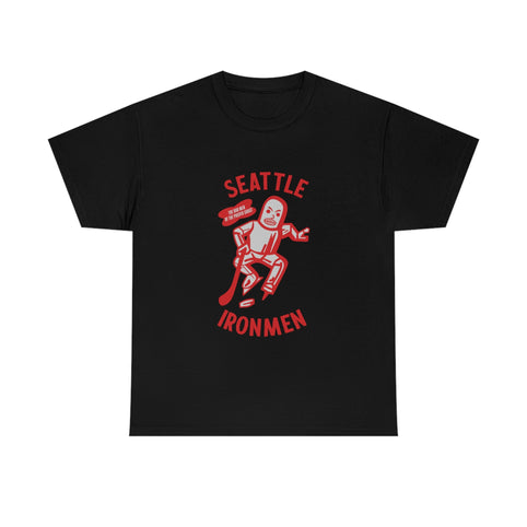 CLEARANCE Seattle Ironmen T-Shirt in black with the red robot skater with arched red lettering on the front
