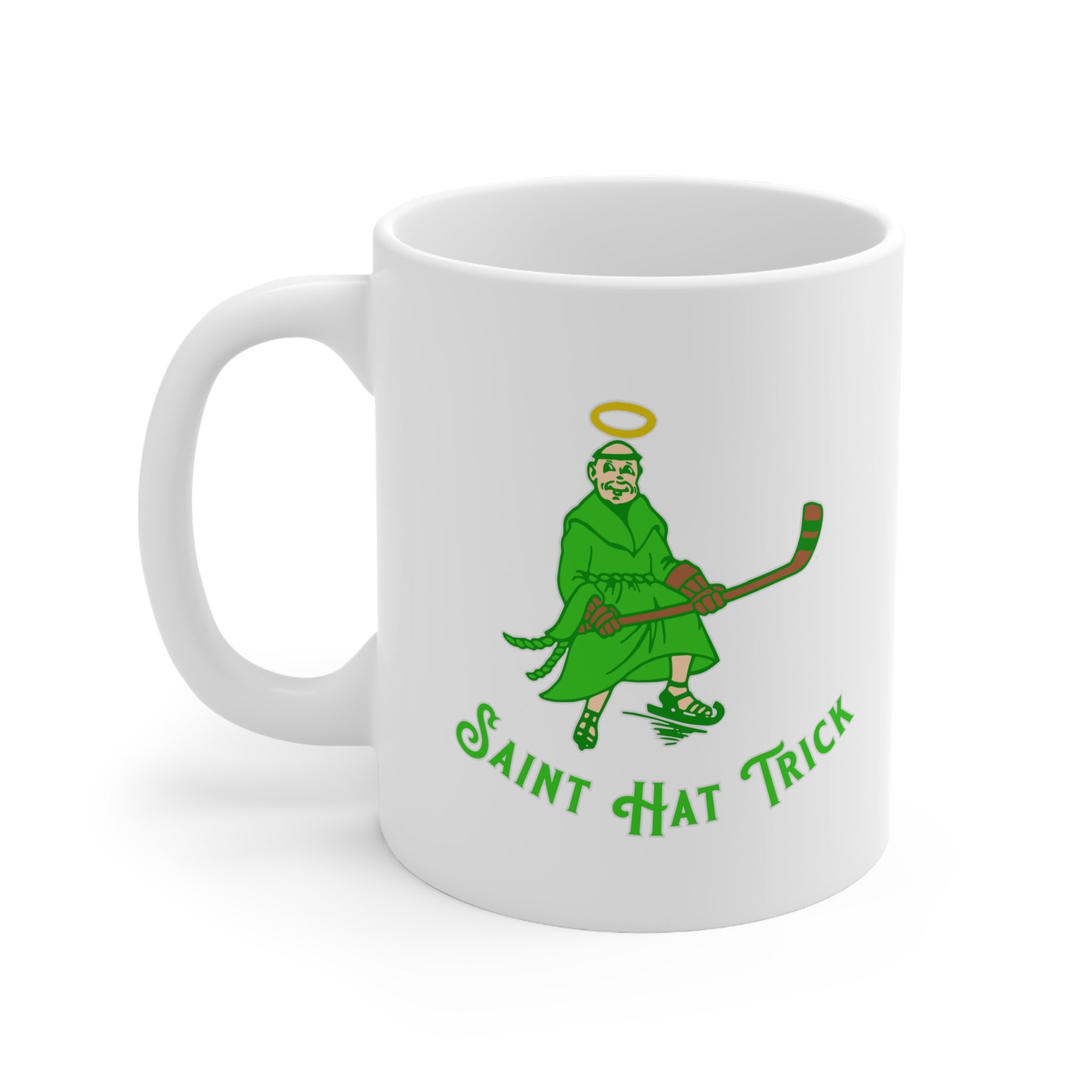 Saint Hat Trick Mug 11oz with the haloed monk skater in green with script, left side view