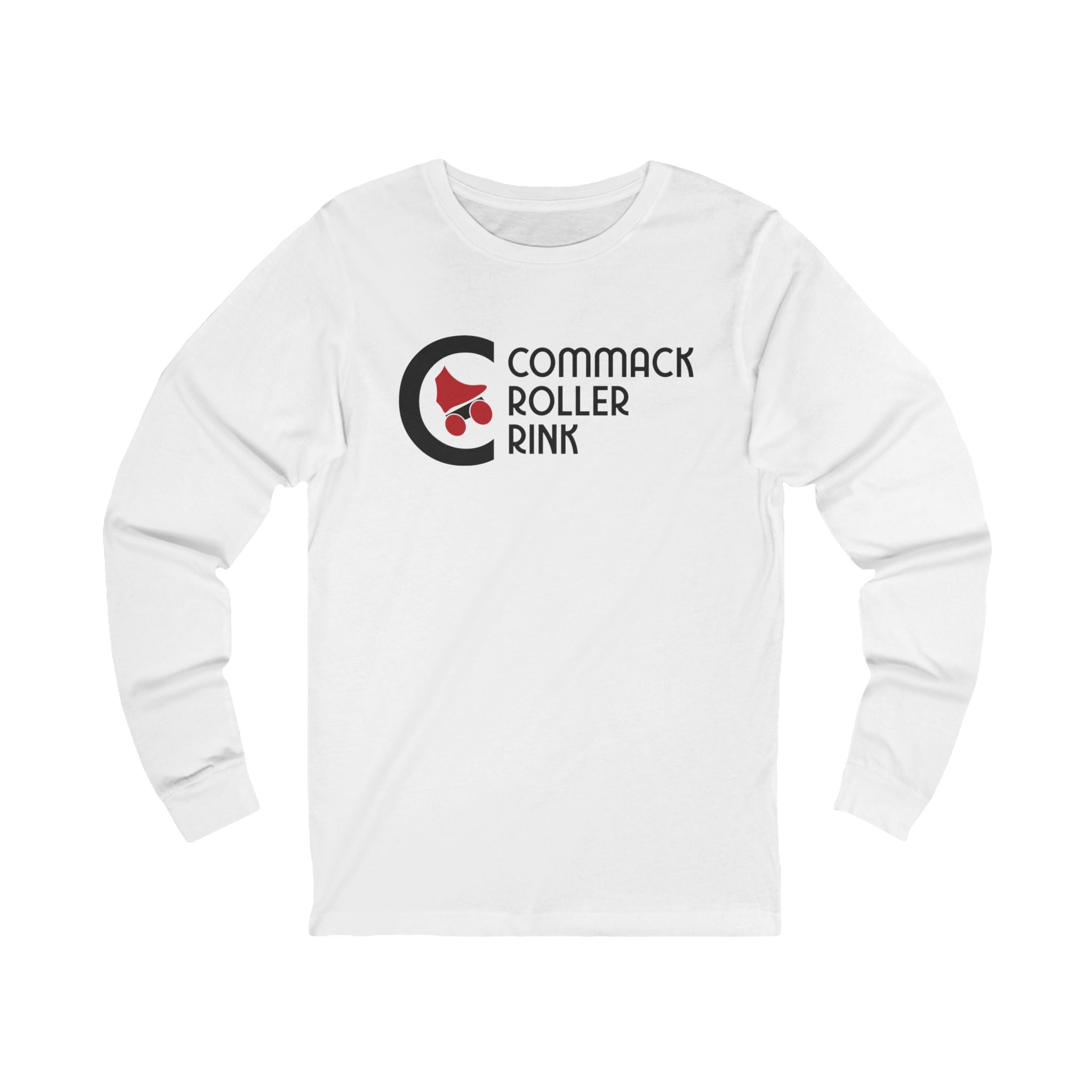 CLEARANCE Commack Roller Rink Long Sleeve Shirt in white with the black C logo with a red skate and small lettering on the front