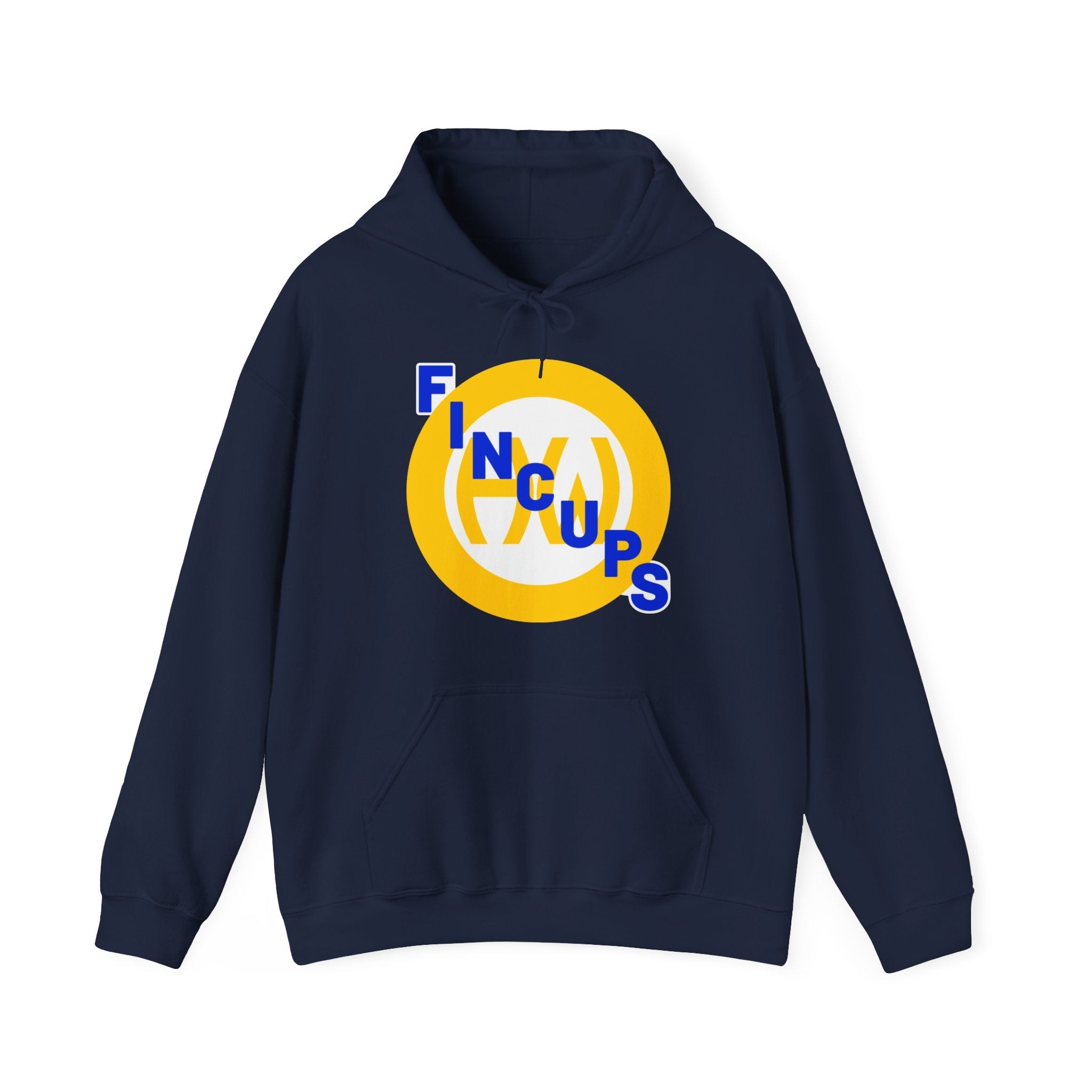 CLEARANCE Hamilton Fincups Hoodie in navy with the gold circle with blue stacked lettering on the front